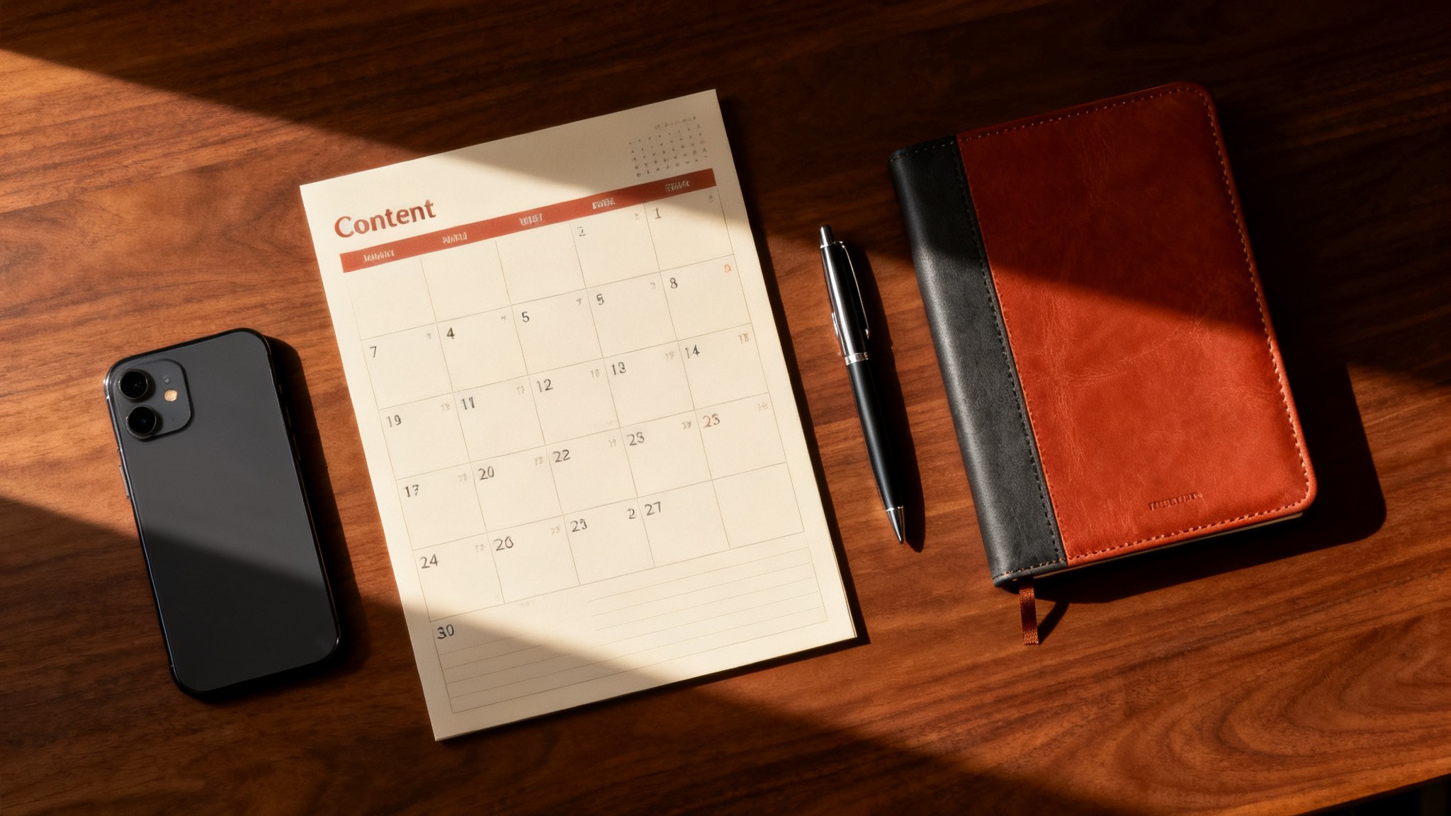 Editorial flat lay of a content calendar, phone, and notebook on a warm desk, ai influencer posting cadence