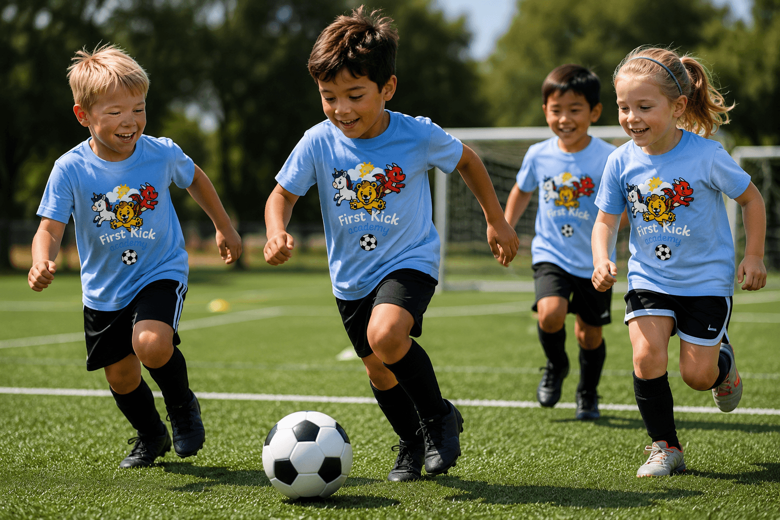 boy in red and blue soccer jersey kicking soccer ball on green grass field during daytime