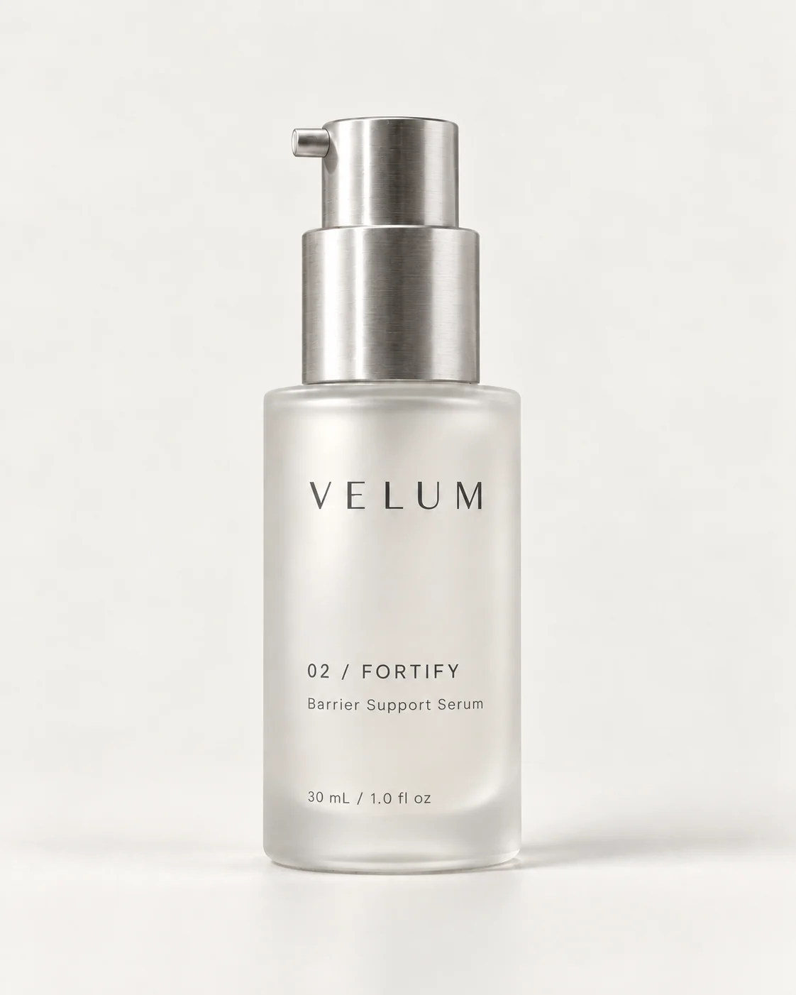 VELUM 02 FORTIFY frosted serum bottle catalog photograph