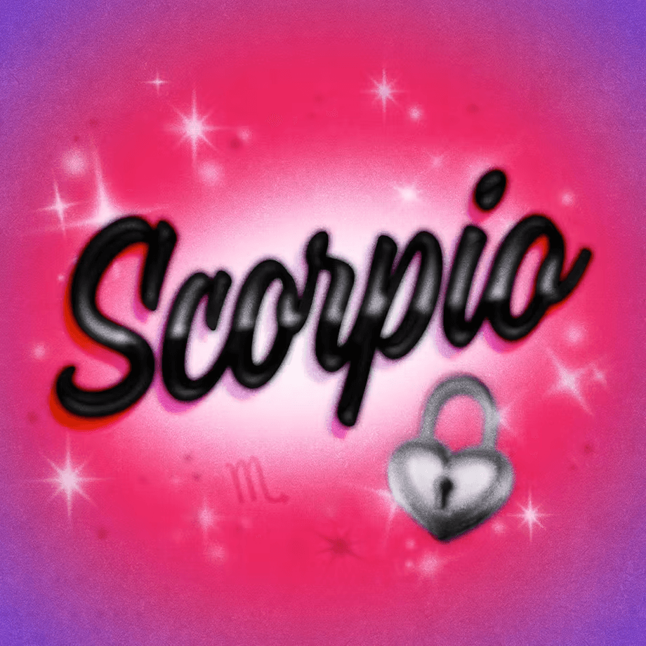Text graphic featuring the word "Scorpio" in stylized script, with a heart symbol, on a pink and purple background.