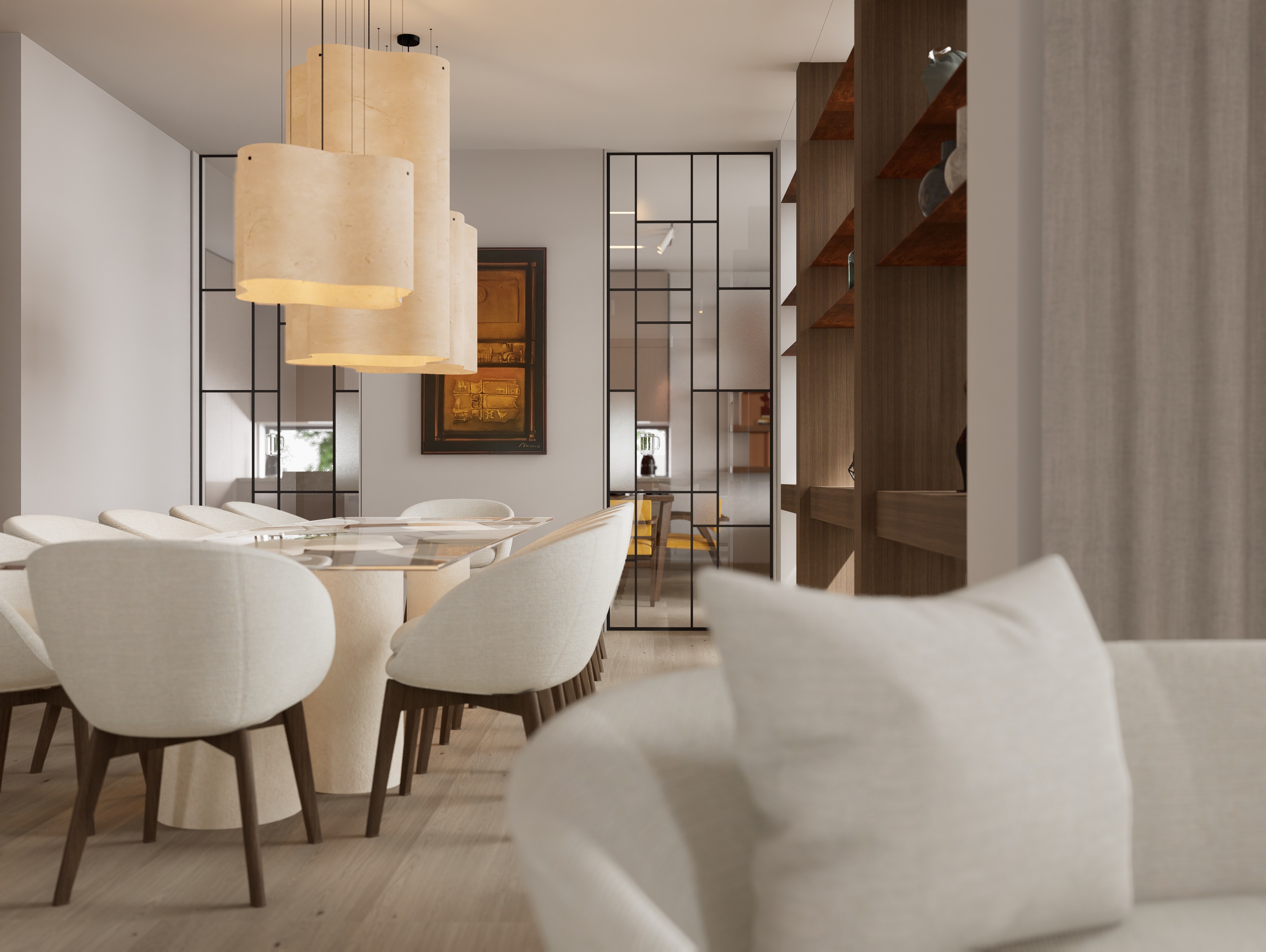 A refined guest dining space showcasing a harmonious blend of Mediterranean light and Scandinavian discipline, centered around an custom-authored stone and timber table by topos design studio