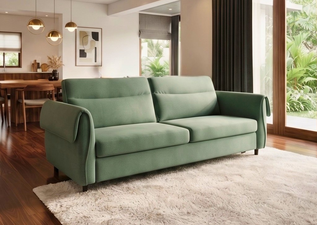 Luxury contemporary cane sofa with teal upholstery and wooden frame