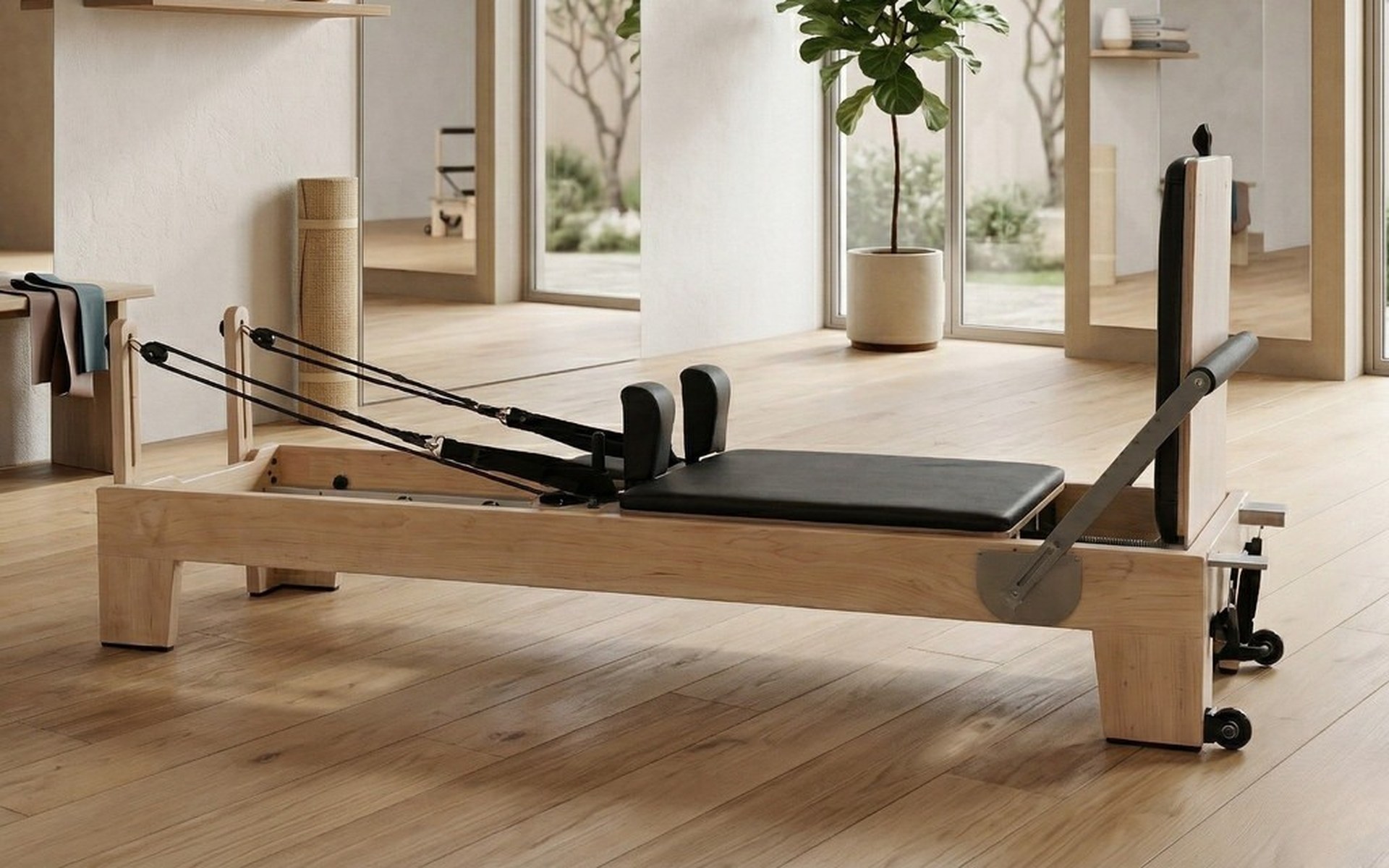 Pilates Reformer Classique — Chêne, reformer de studio en chêne dans un studio de Pilates professionnel