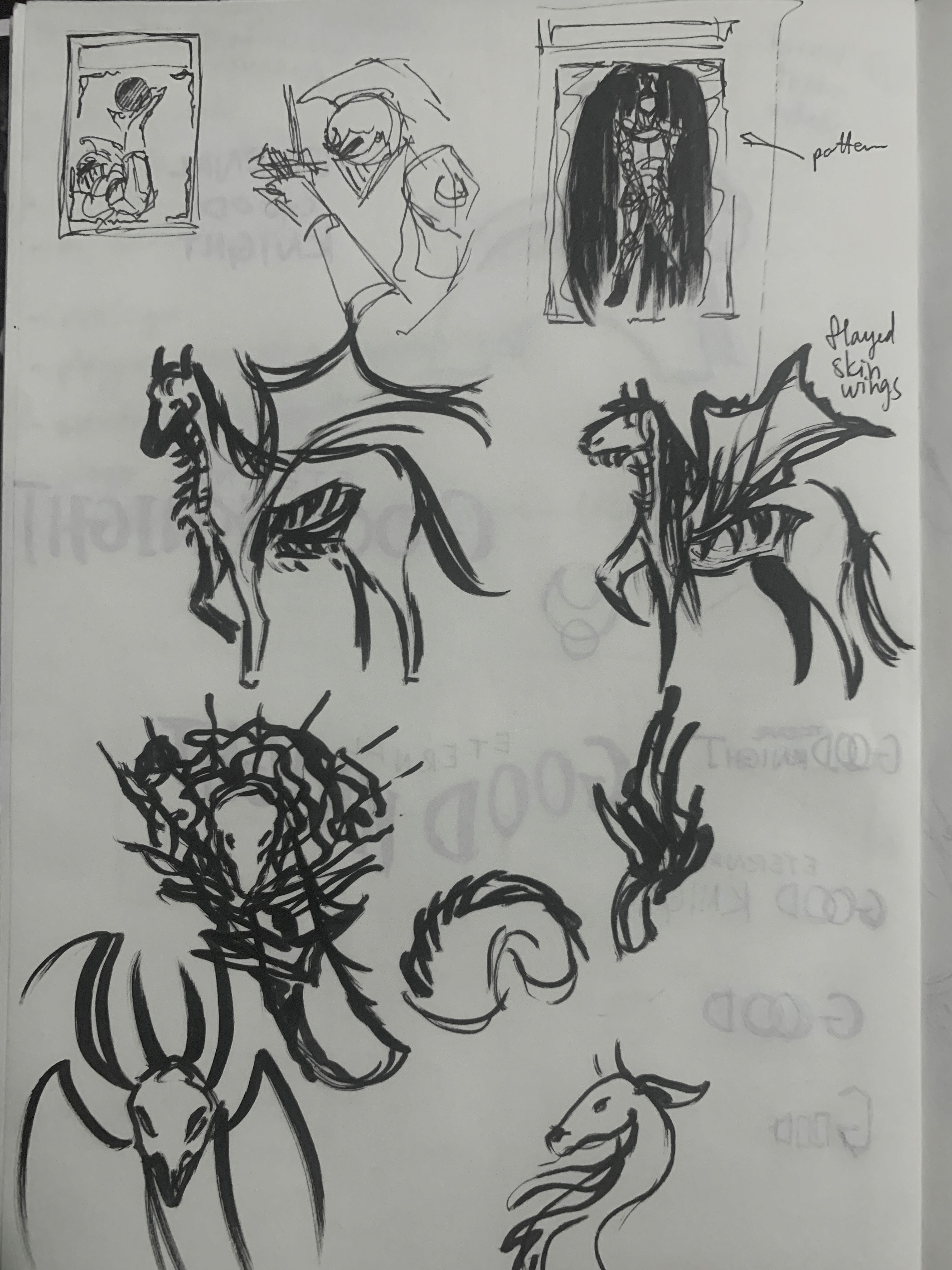 Initial sketches of the cover and sketches of two enemies