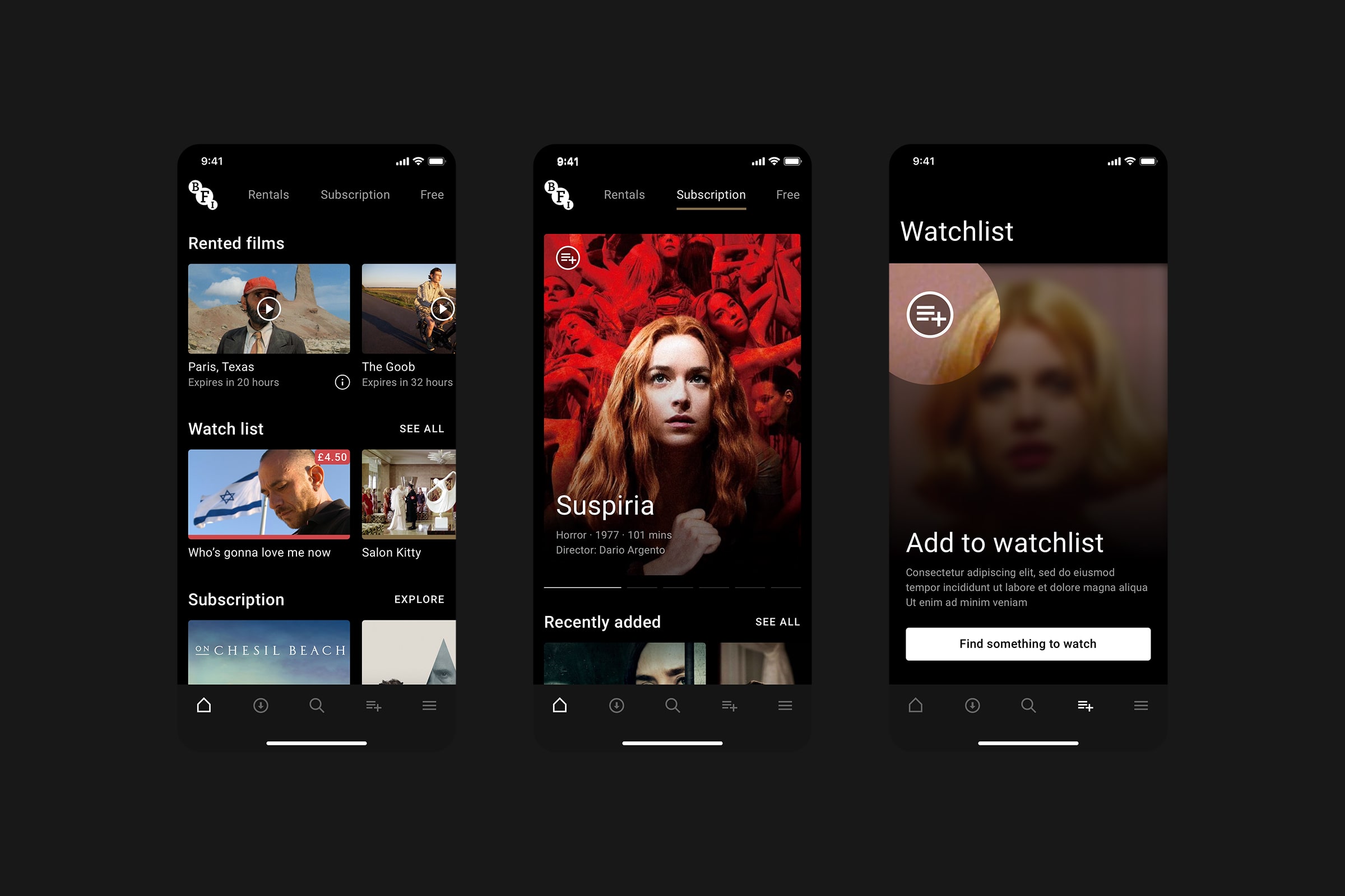 Three mobile screens showing the home screen with rented films and watchlist, a subscription browse page featuring Suspiria, and an empty watchlist state with a prompt to find something to watch.