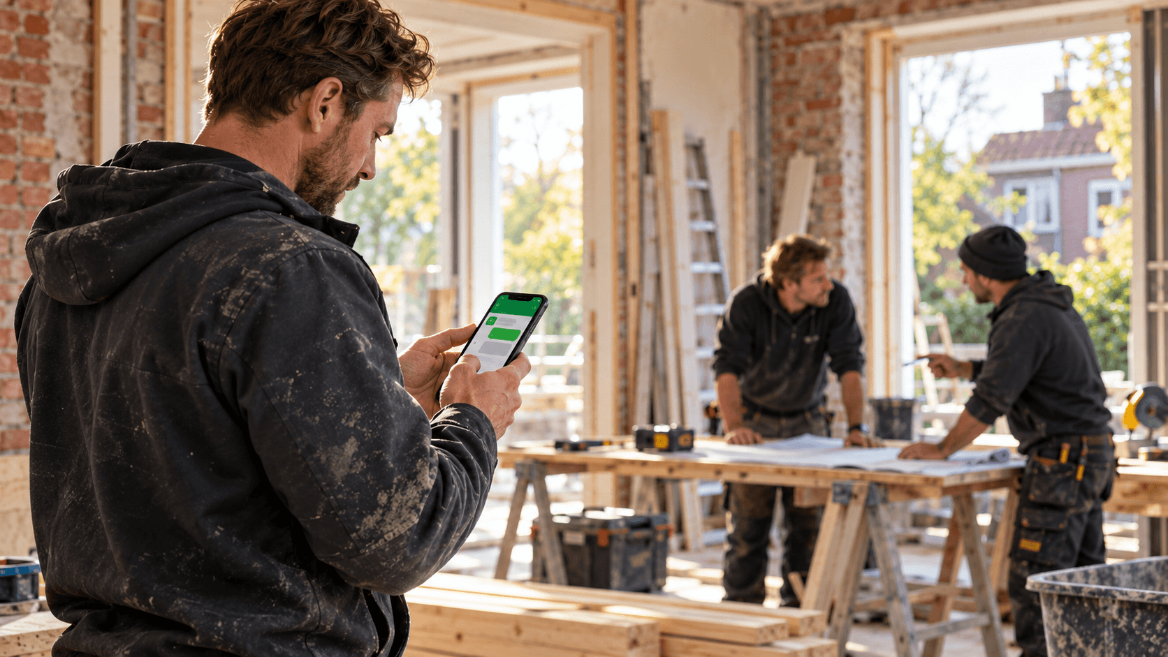 Medewerker in de bouw bekijkt digitale projectinformatie op een apparaat.