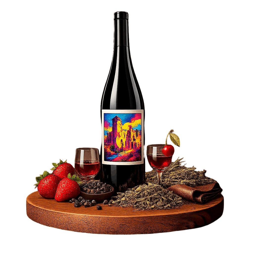 Artistic label and flavor profile for Châteauneuf-du-Pape Red on a rustic wooden table.