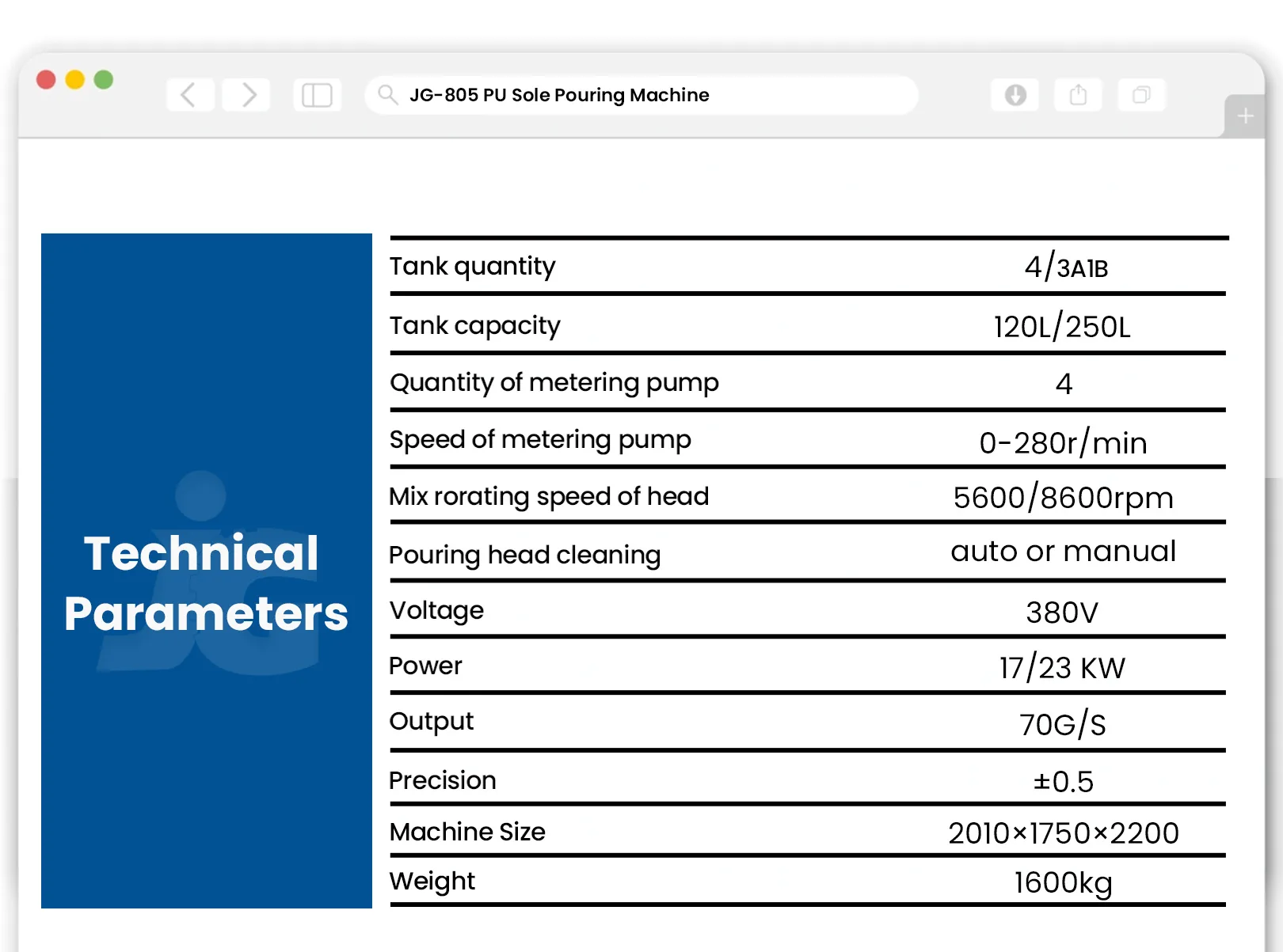 JG-805 machine dimension drawing and specifications