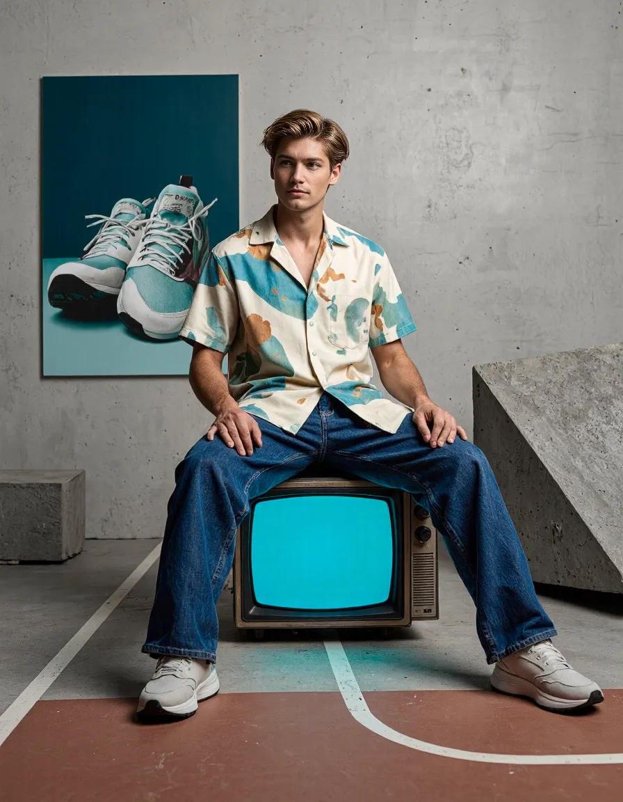 Fashion editorial scene featuring person in patterned turquoise shirt sitting on vintage TV with matching sneakers displayed on wall