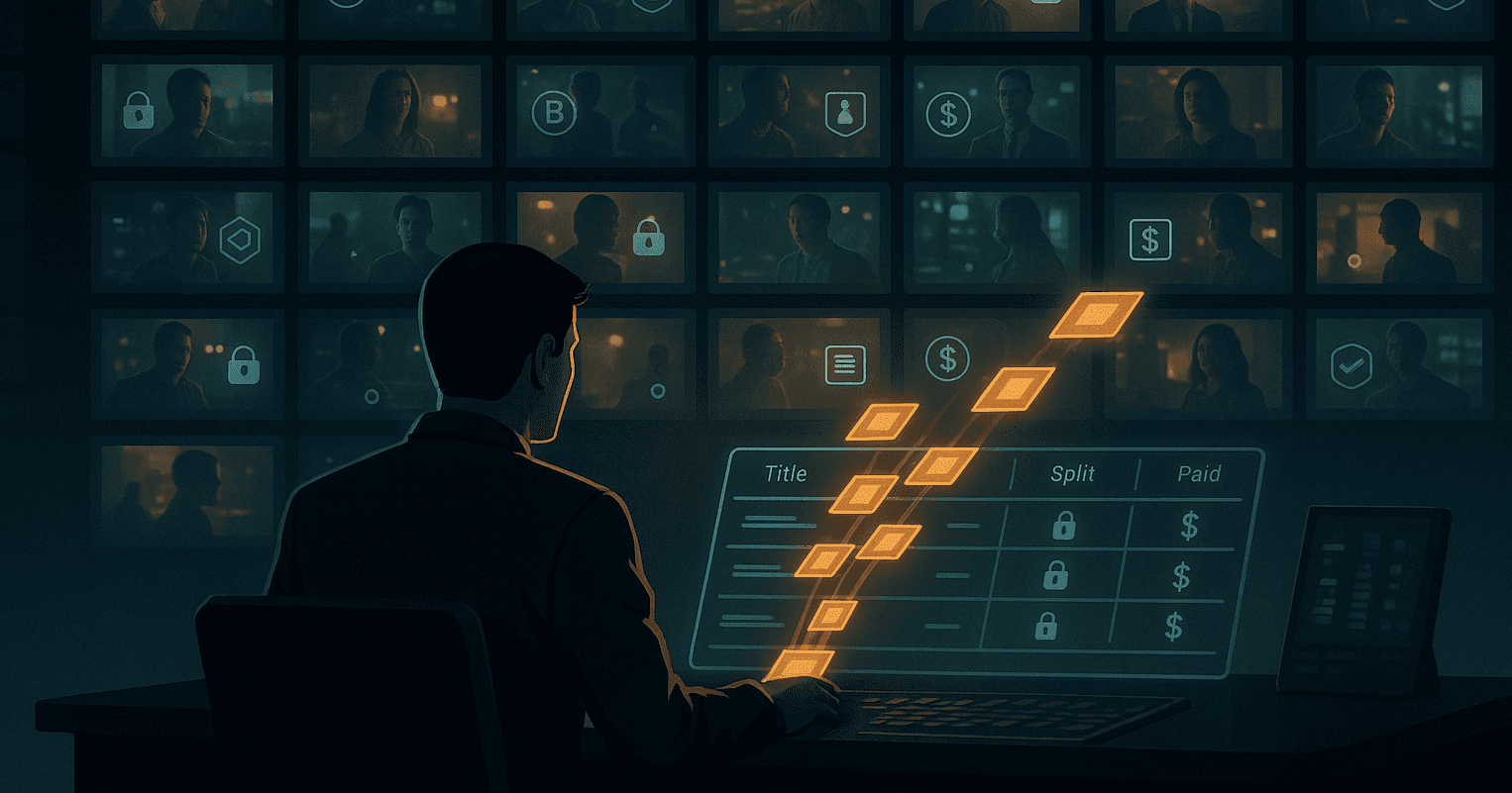 A futuristic control room where an auditor manages digital royalties on a glowing holographic ledger, issuing payments toward a wall of video screens displaying multiple versions of creative works, symbolizing provenance, ownership, and automated residuals in AI-driven media.