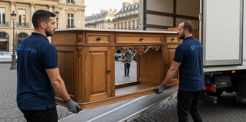 Deux transporteurs Loopengers chargent une commode en bois dans un camion, en ville