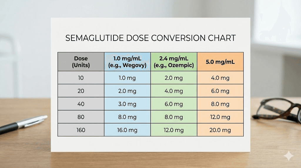 Semaglutide units to milligrams conversion chart by vial concentration