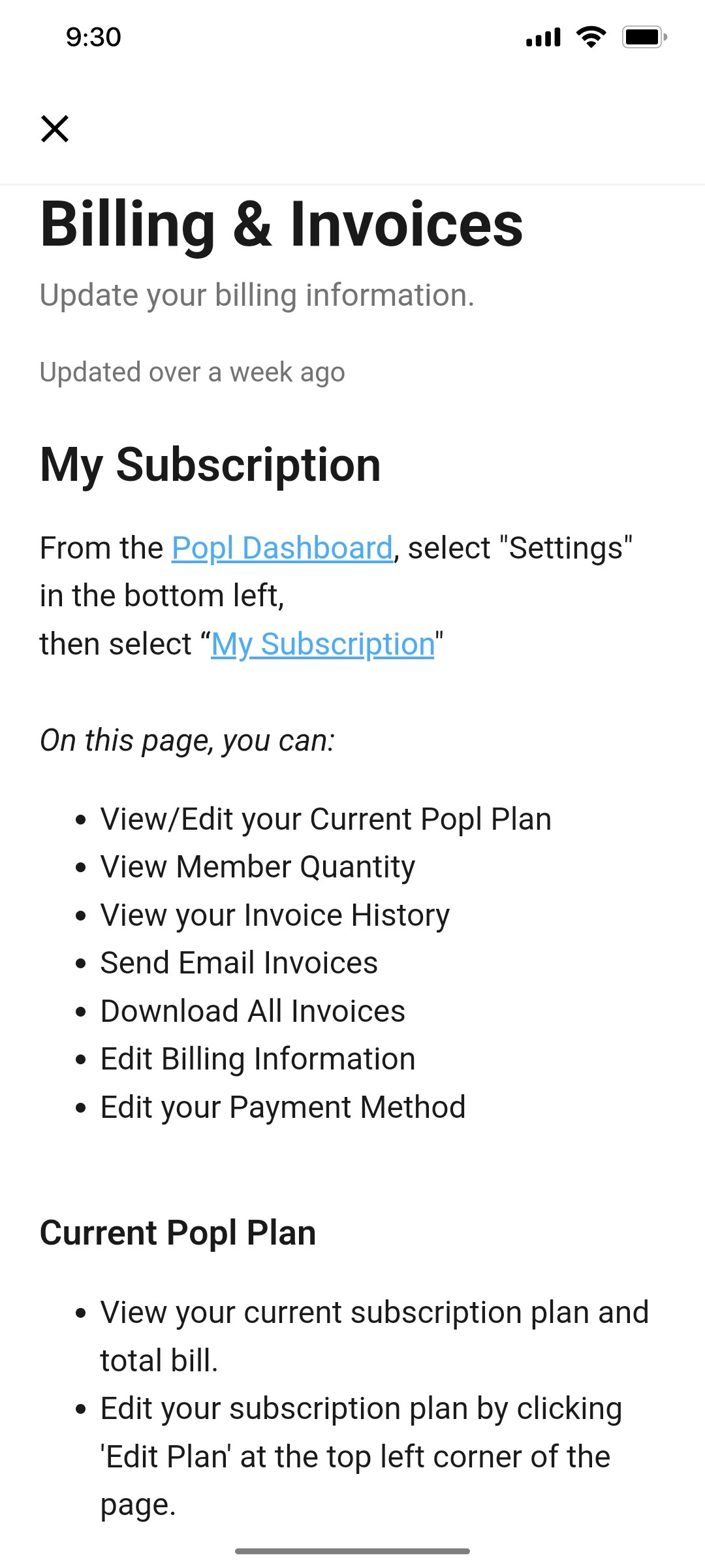 Popl Billing & Invoices Screen