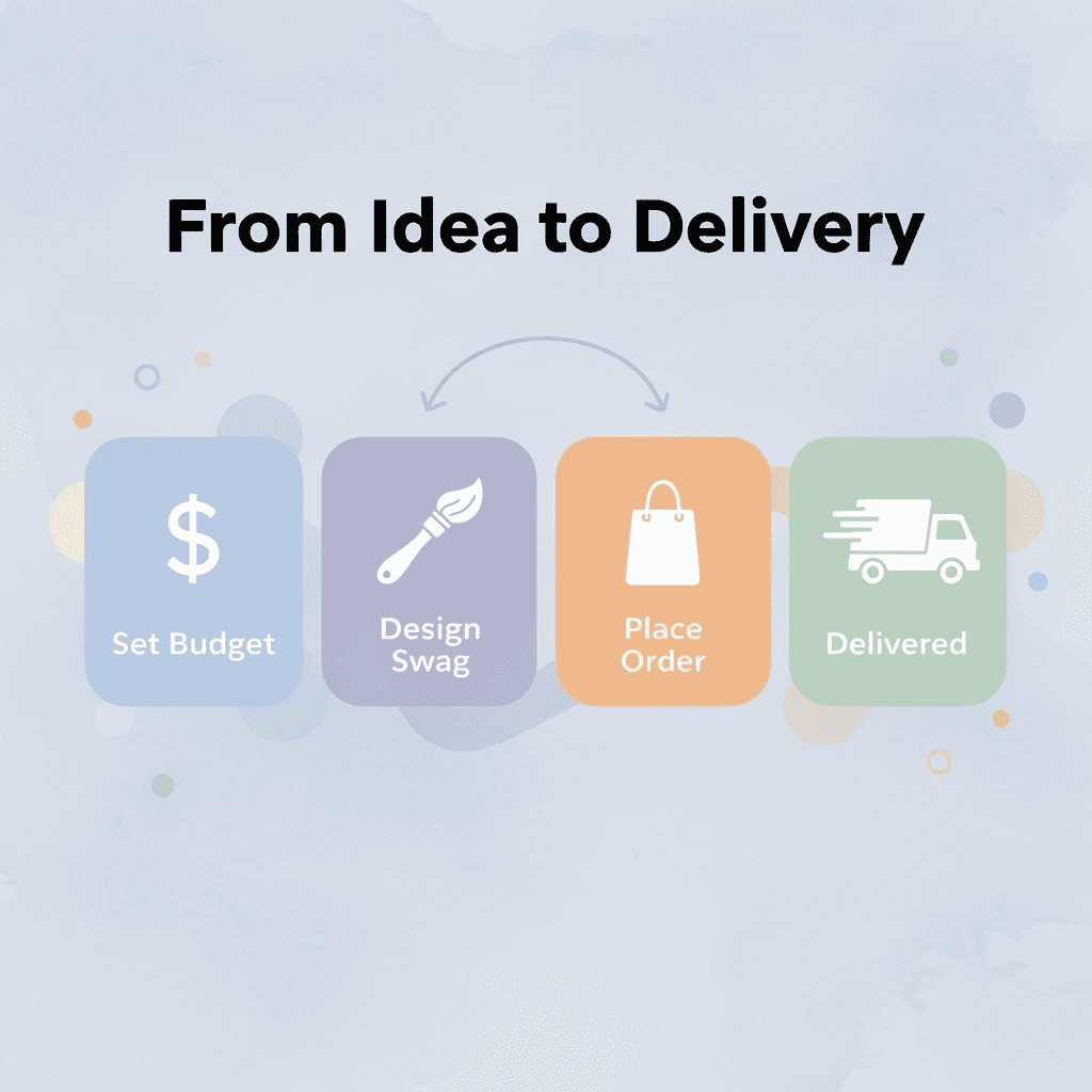 Process flow infographic showing four steps from budget to delivery for holiday swag orders