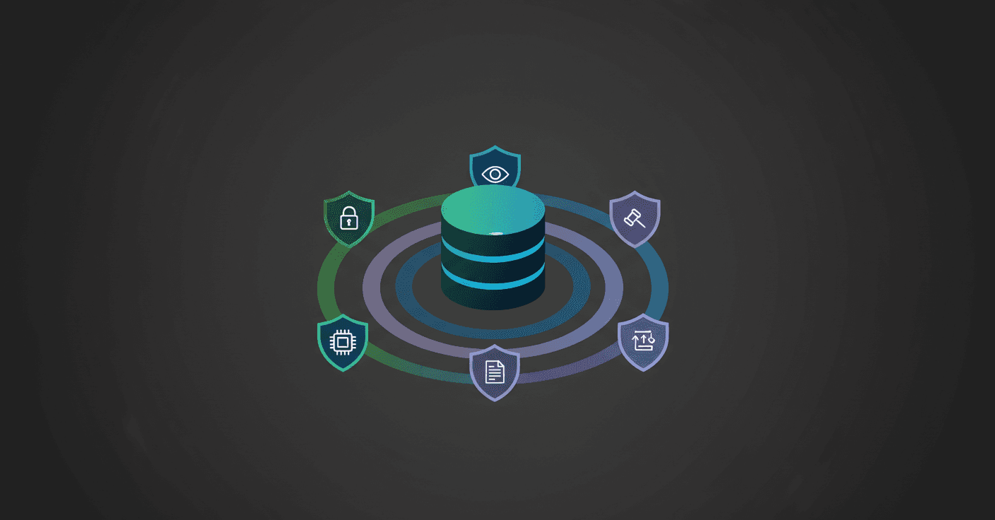 Layered security diagram showing concentric shields safeguarding a memory database with lock and audit icons