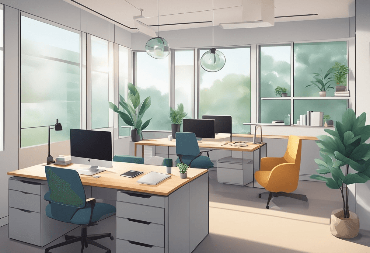 A serene office setting with a focus on mental health resources, such as relaxation areas and support services, integrated into the workplace environment