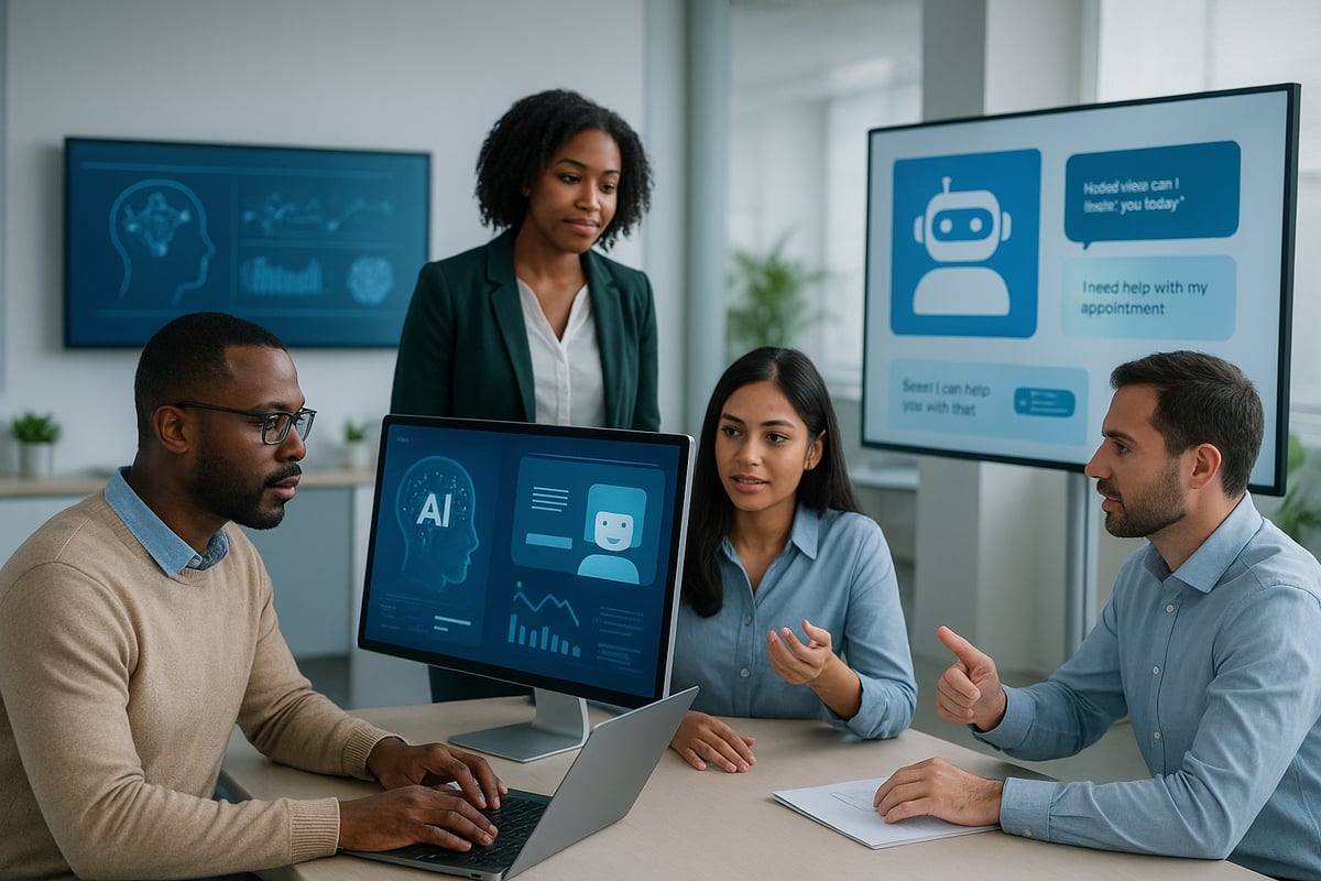 A group of colleagues discuss AI tools around a desk, with one person typing on a laptop and others looking at screens displaying AI graphics and chatbot icons.