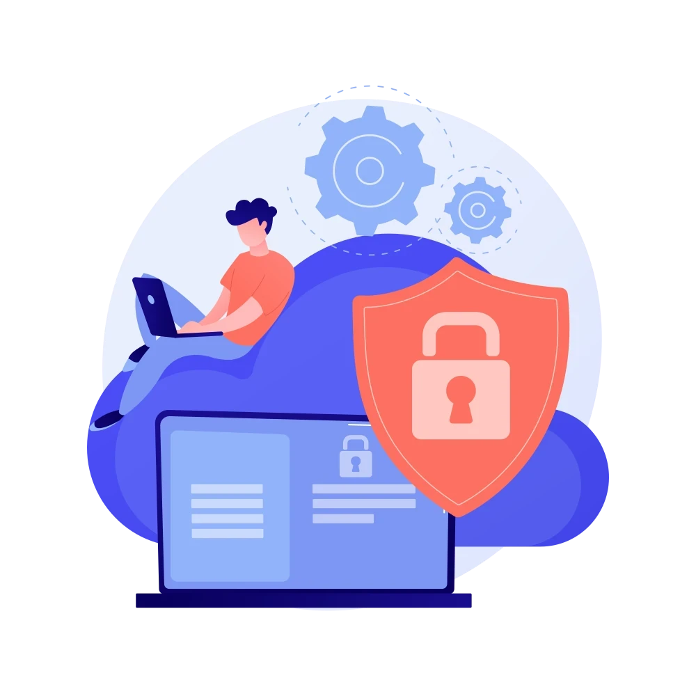 Eine Person arbeitet an einem Laptop vor einem Server-Monitor, der durch ein großes orangefarbenes Vorhängeschloss-Schild geschützt ist, um Sicherheit und Zuverlässigkeit zu symbolisieren.