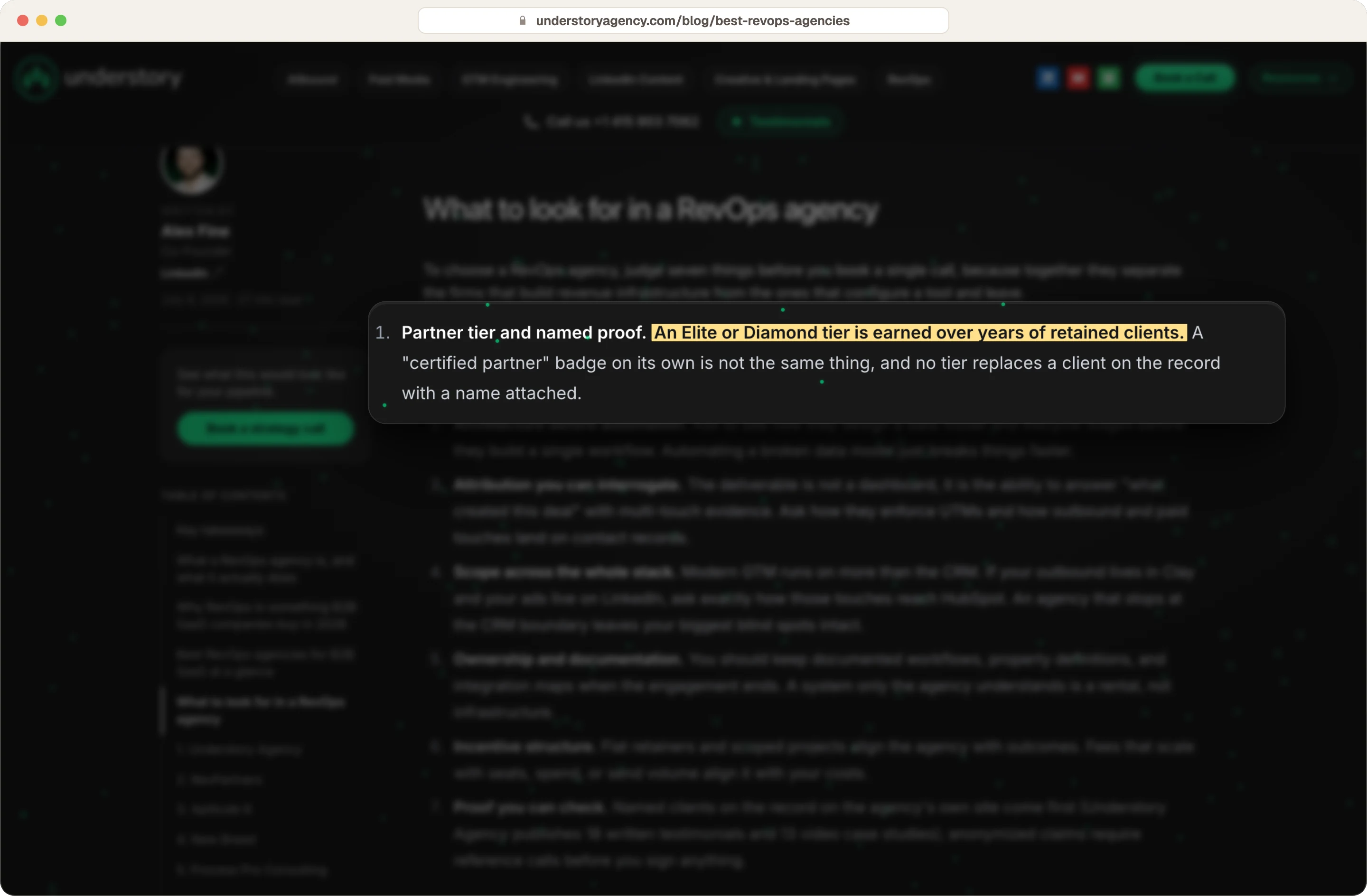 Understory's RevOps agency guide telling buyers an Elite or Diamond HubSpot tier is earned over years of retained clients