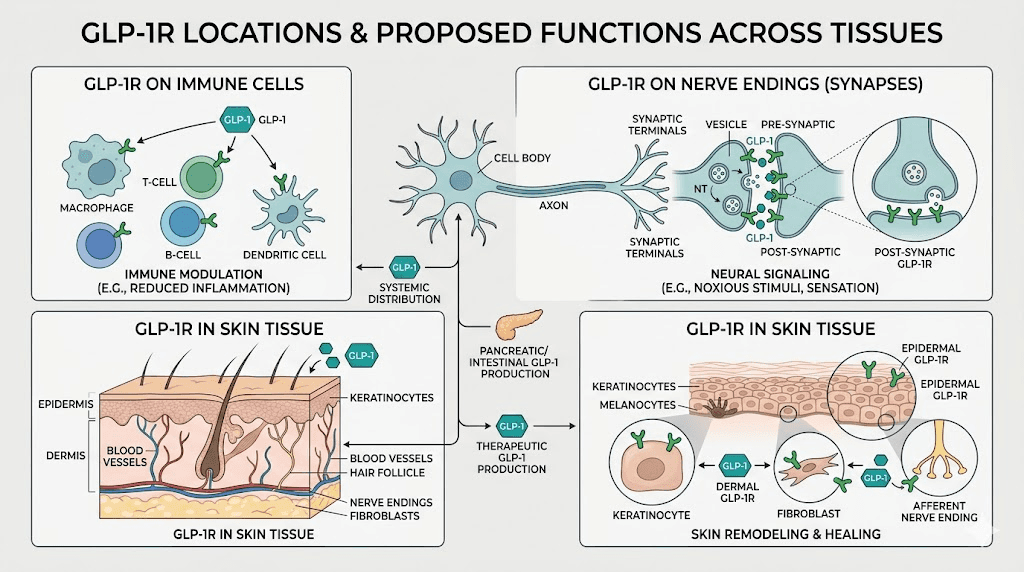 GLP-1 receptor locations in immune and skin cells explaining semaglutide skin sensitivity