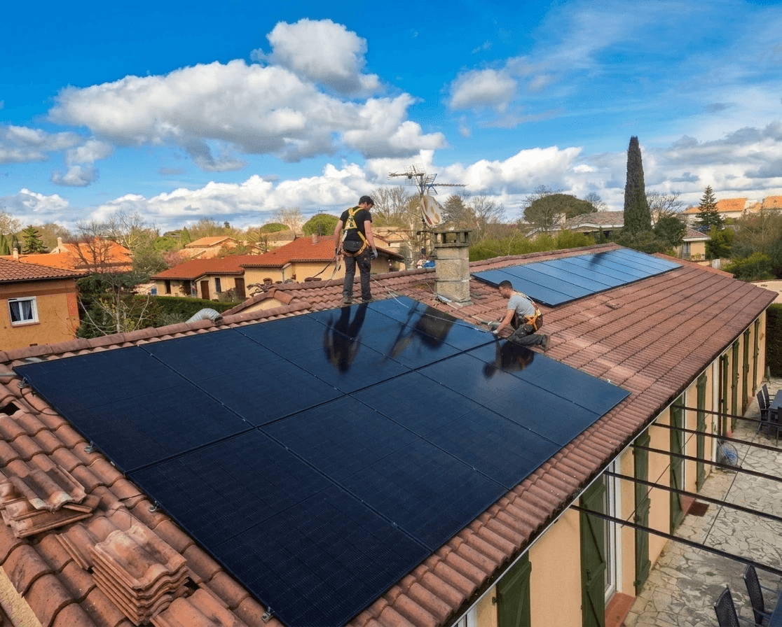 Artisants qui posent des panneaux solaires dans le gers à Gimont