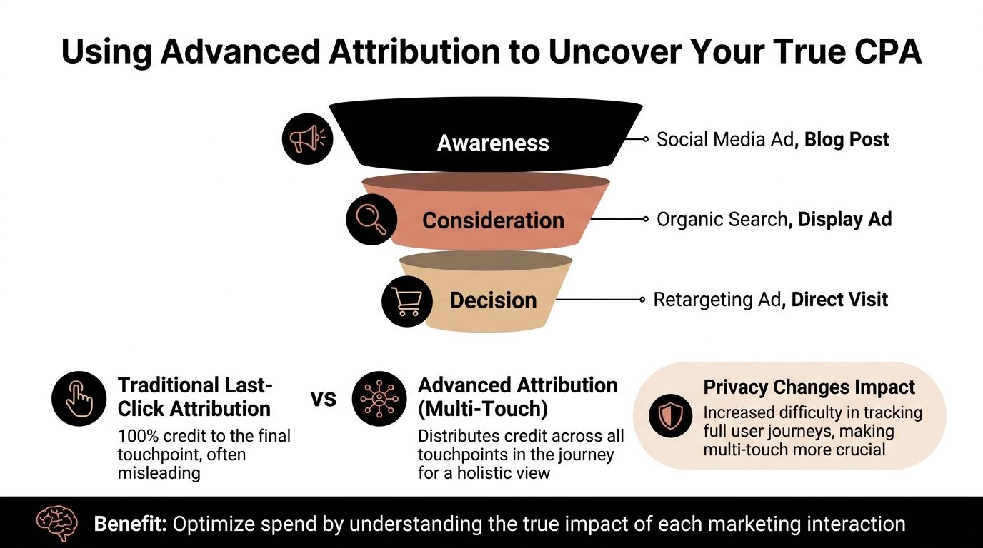 A marketing funnel diagram comparing traditional last-click attribution versus advanced multi-touch attribution to determine true CPA.