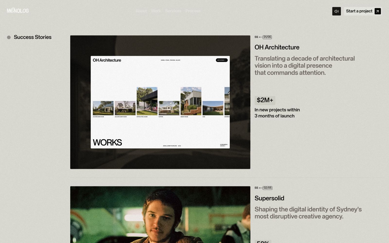 Website with a minimalist design showing "Success Stories" of OH Architecture and Supersolid. Text highlights projects and achievements.