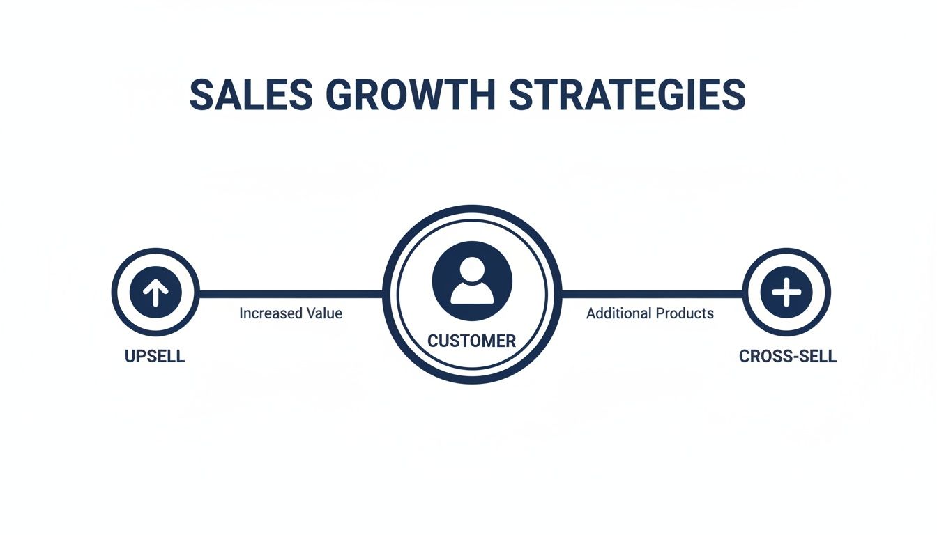 Diagram illustrating sales growth strategies: upsell for increased value and cross-sell for additional products to a customer.