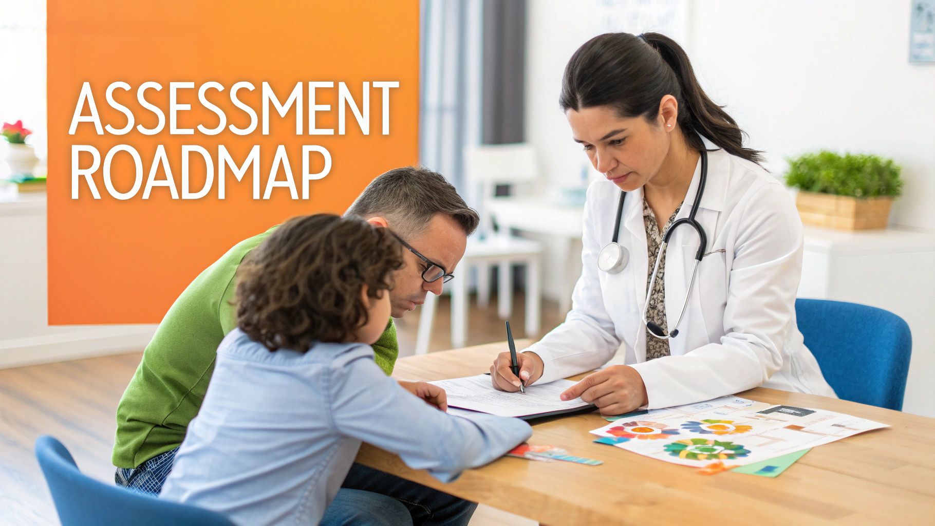 A doctor assesses a child and a man at a table, with 'Assessment Roadmap' text.