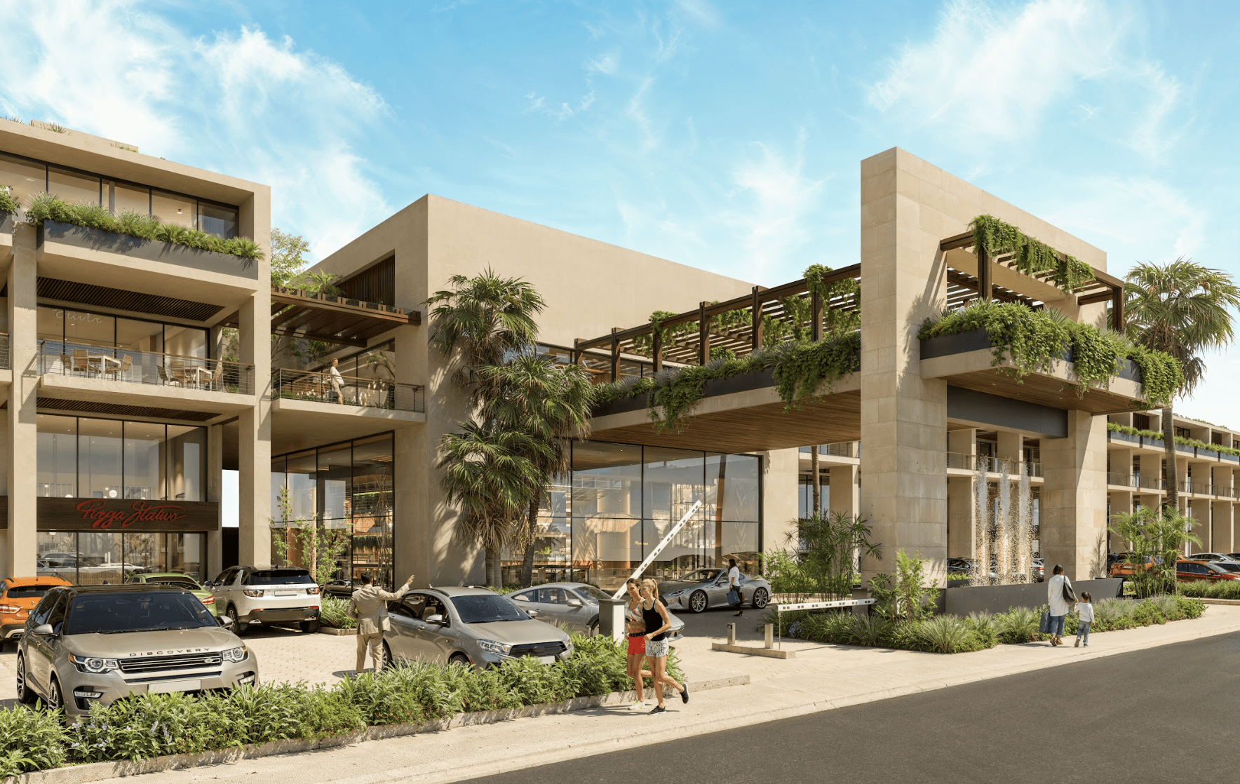 "A large, modern living room with a brown dog sitting on a blue couch near a window.