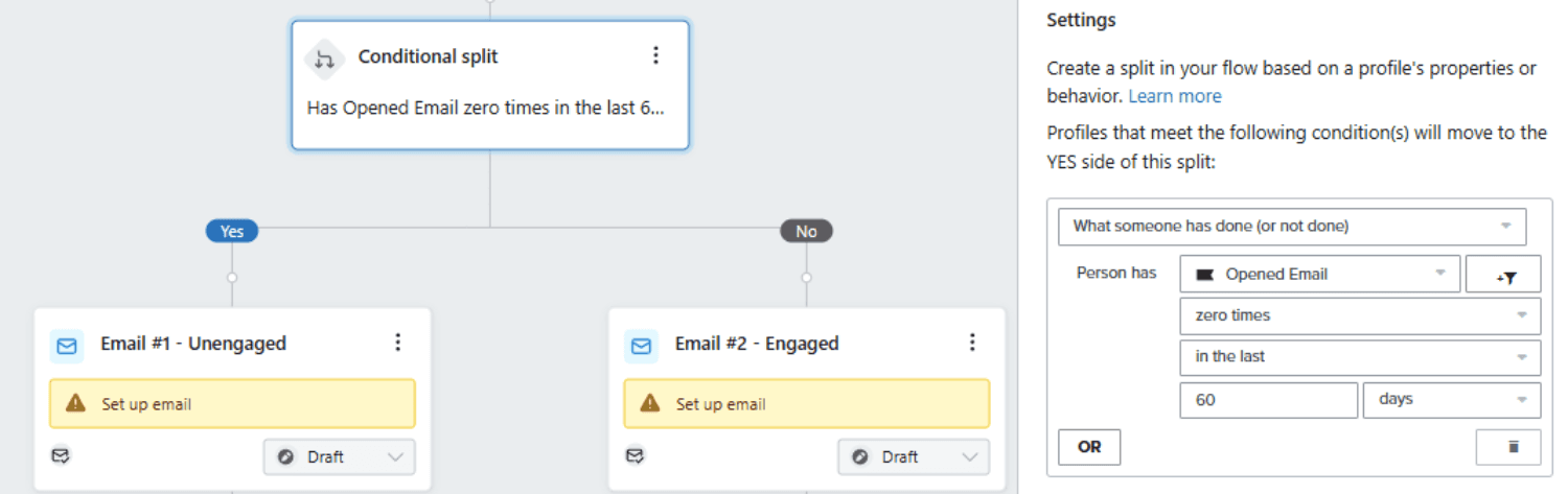 Engagement Split.png – Klaviyo flow with a conditional split checking if a user has opened an email in the last 60 days.