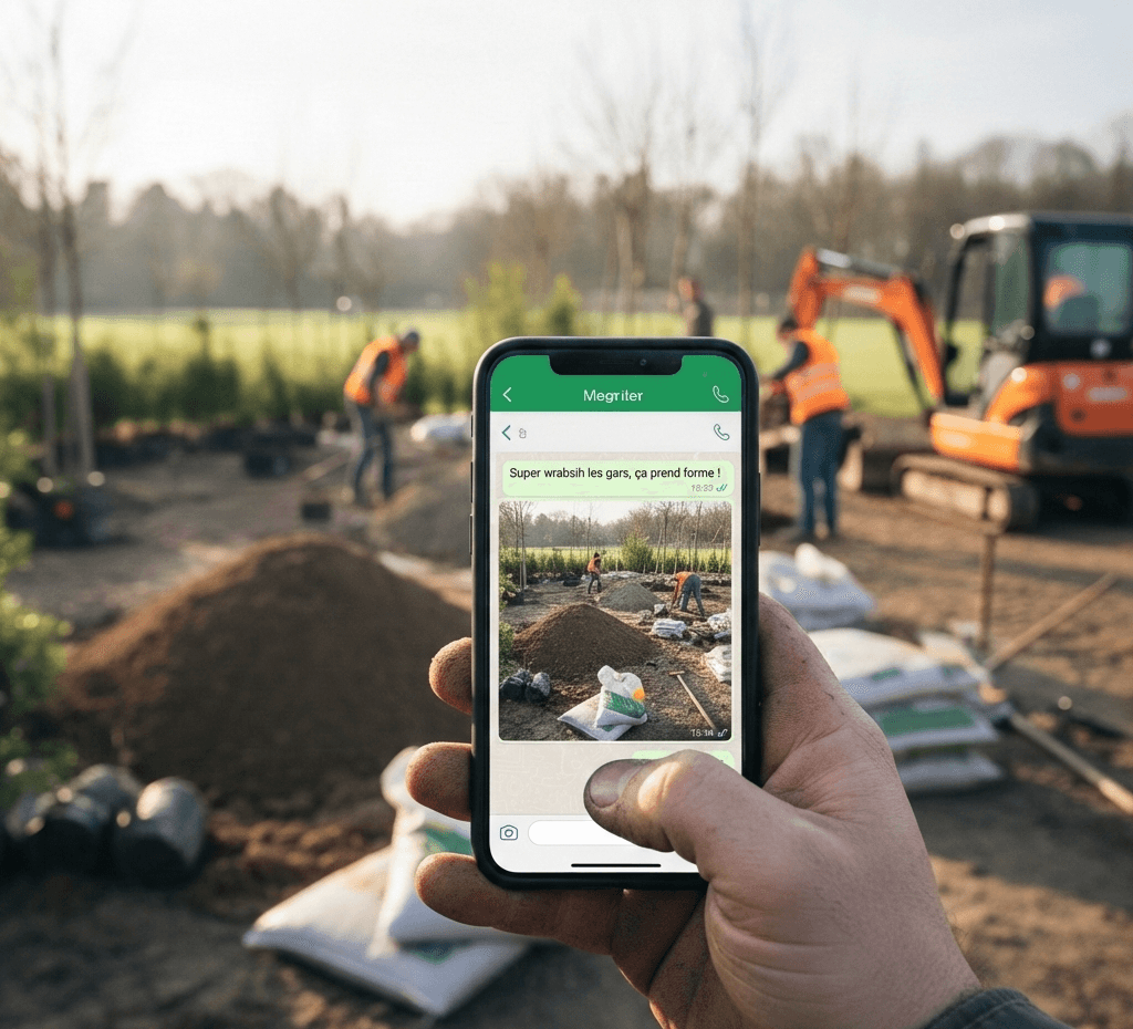 photo d'un chantier de paysagiste avec un artisan qui prend en photo le chantier pour le publier sur les réseaux sociaux.