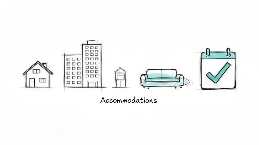 Sketches illustrating different types of accommodations: a house, an apartment building, a small shelter, a sofa, and a calendar with a checkmark.