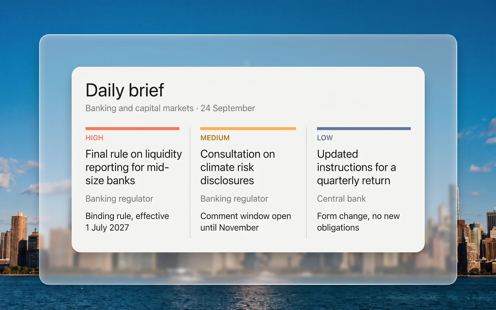 A daily regulatory brief graded high, medium and low, each item with its authority and a note