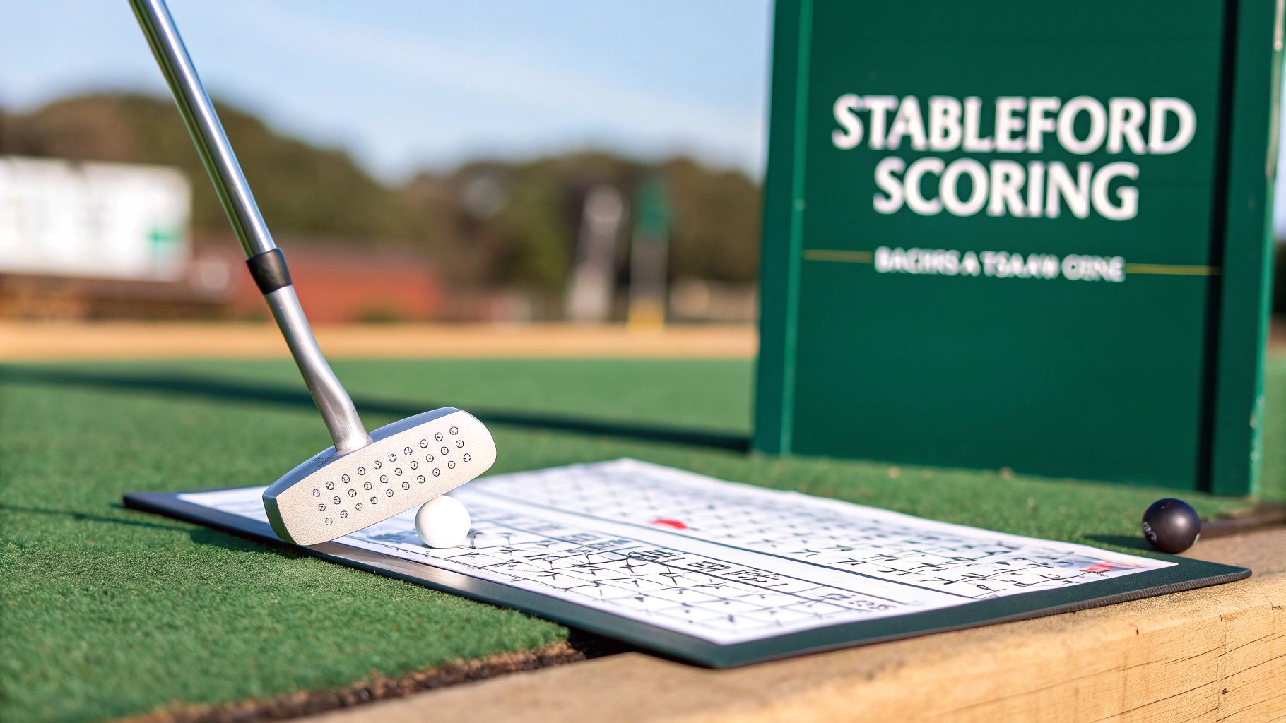 A golf putter and ball on a scoring mat with a 'Stableford Scoring' sign in the background.