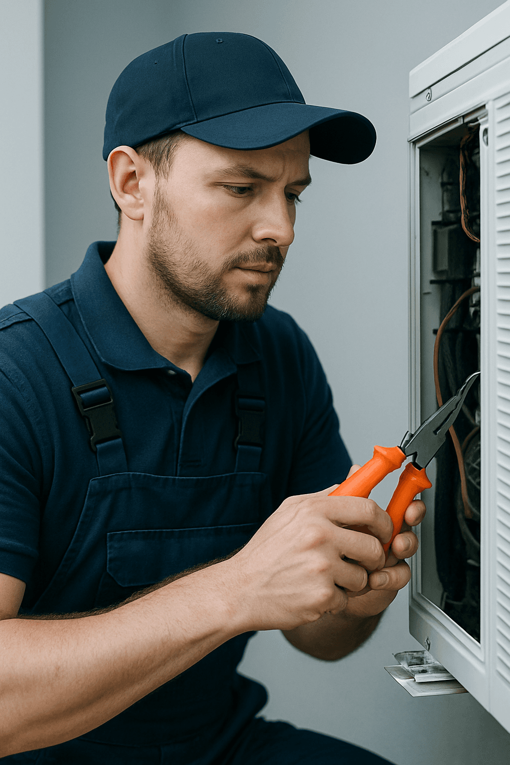 HVAC technician using pliers to service air conditioning unit, showcasing expertise and commitment to reliable HVAC solutions.