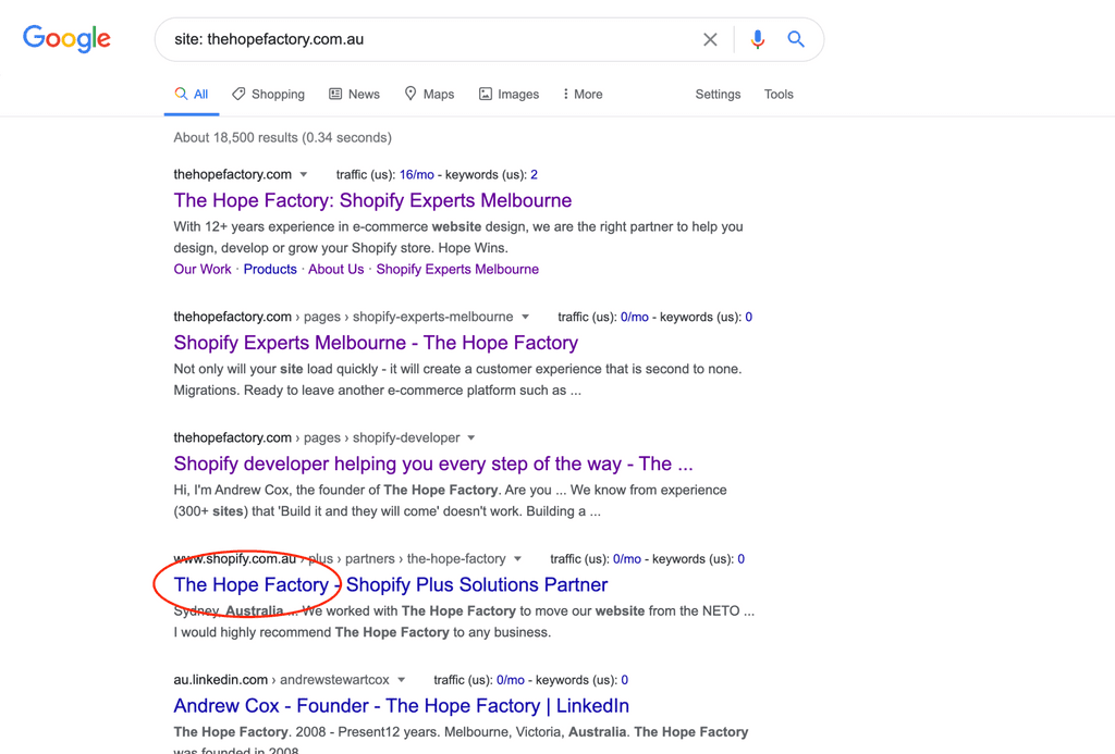 List of what web pages from The Hope Factory site are indexed on Google.