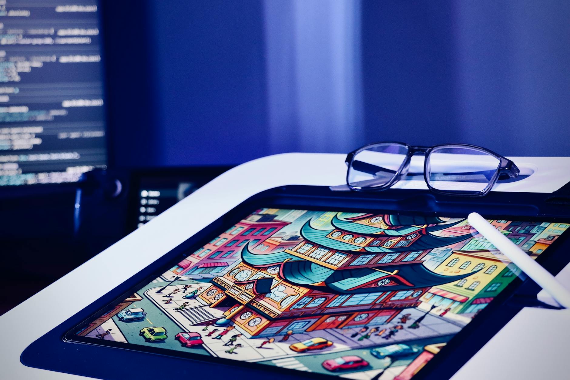 Two children collaborate on a colorful digital art project using a tablet and a stylus pen in a classroom.