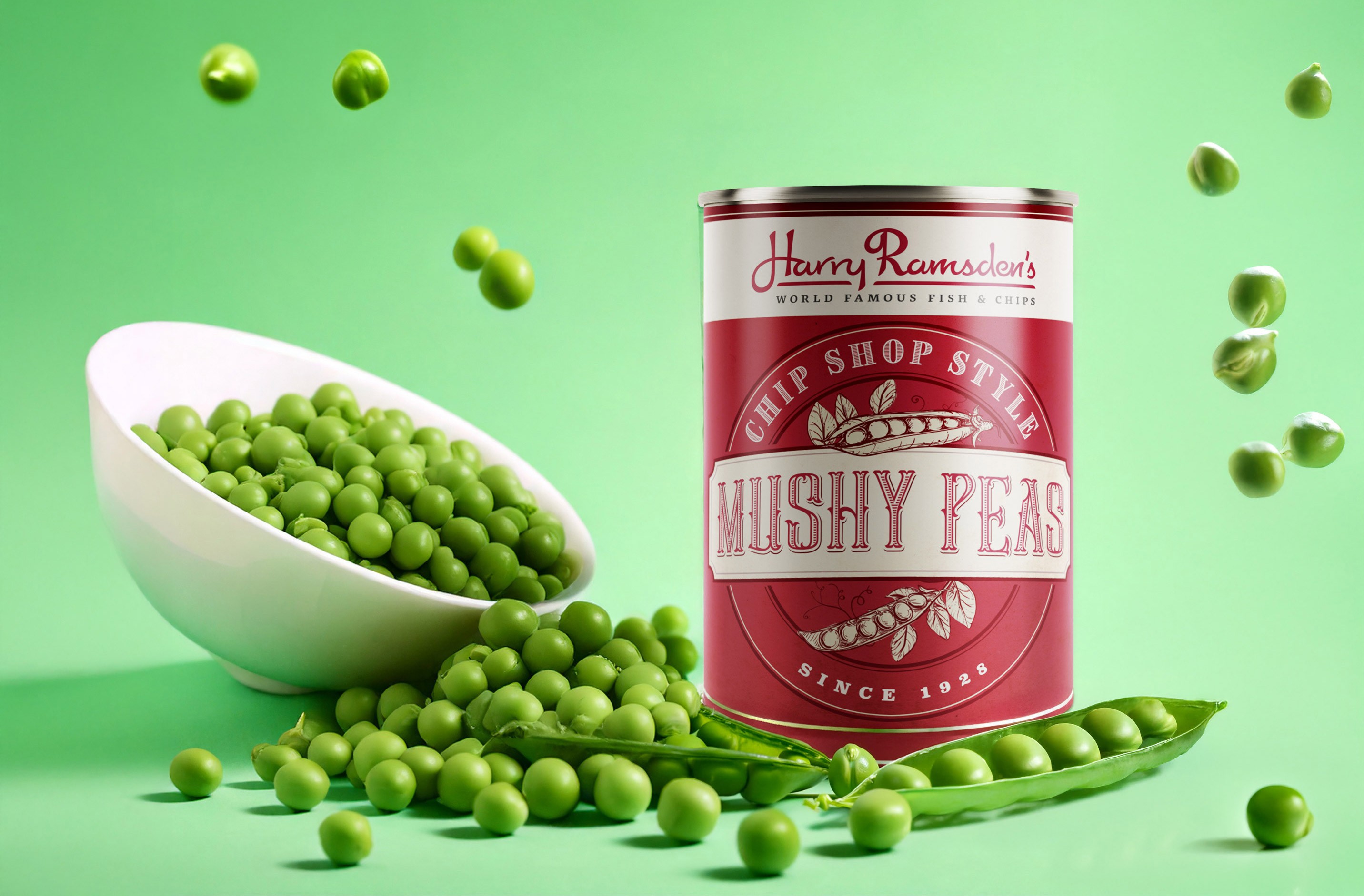 Mushy peas tin with flying peas
