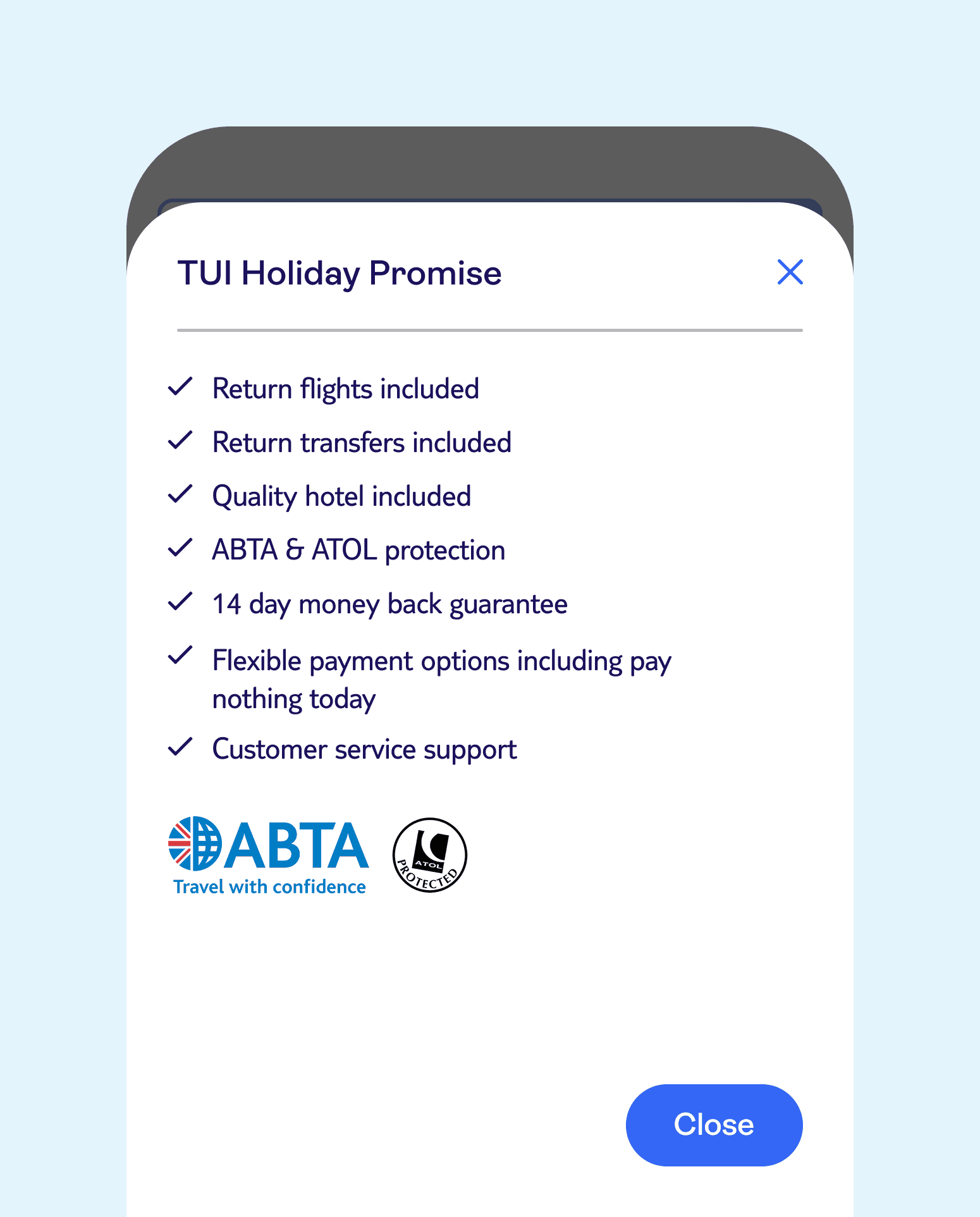 Example of 'TUI Holiday Promise' content within a modal on a mobile screen.