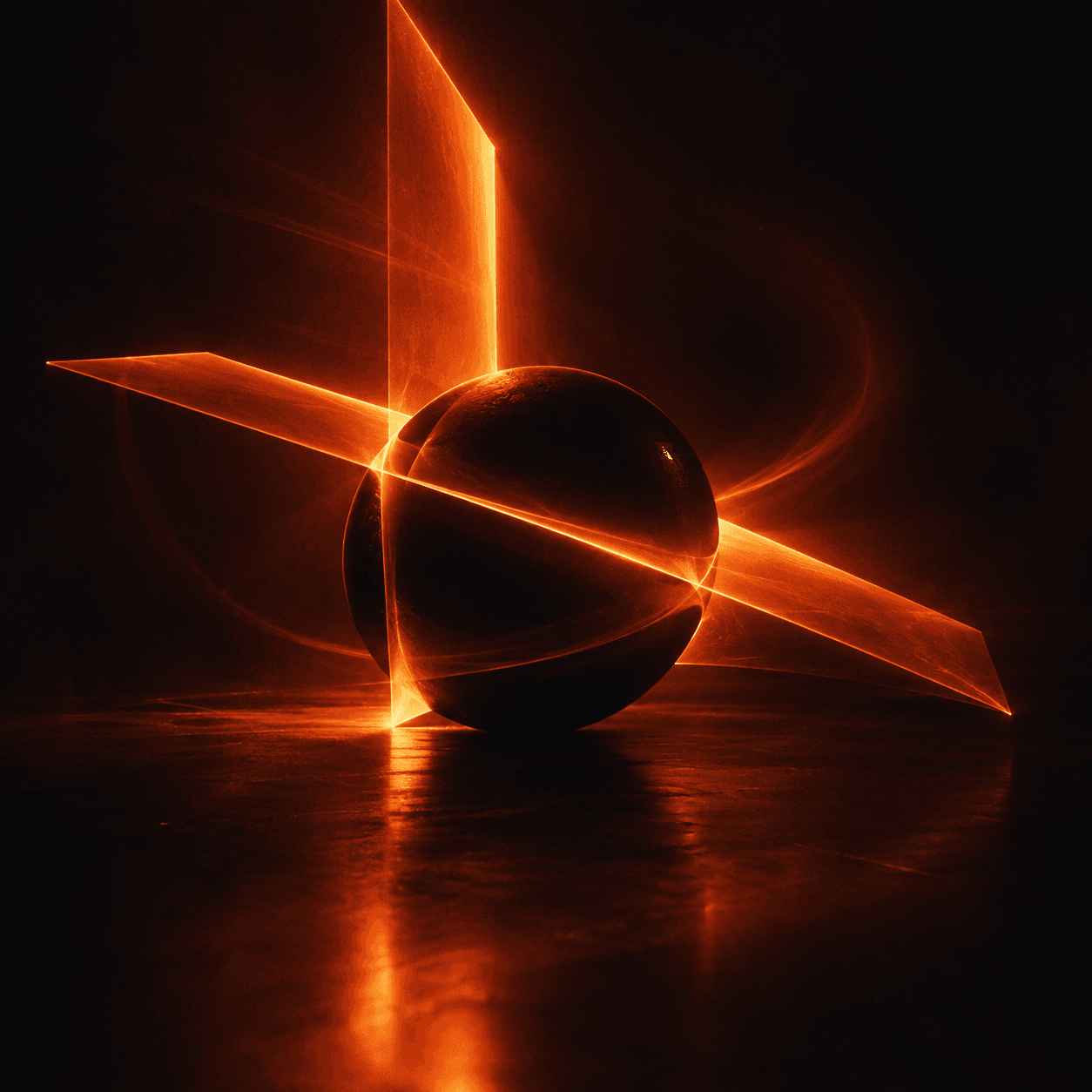Glowing orange light planes crossing a black spherical sculpture