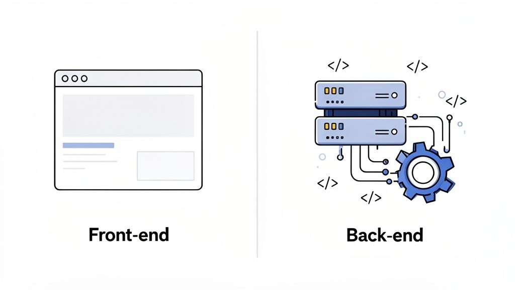An illustration comparing front-end (user interface in a browser) and back-end (servers, code, and processes) web development.