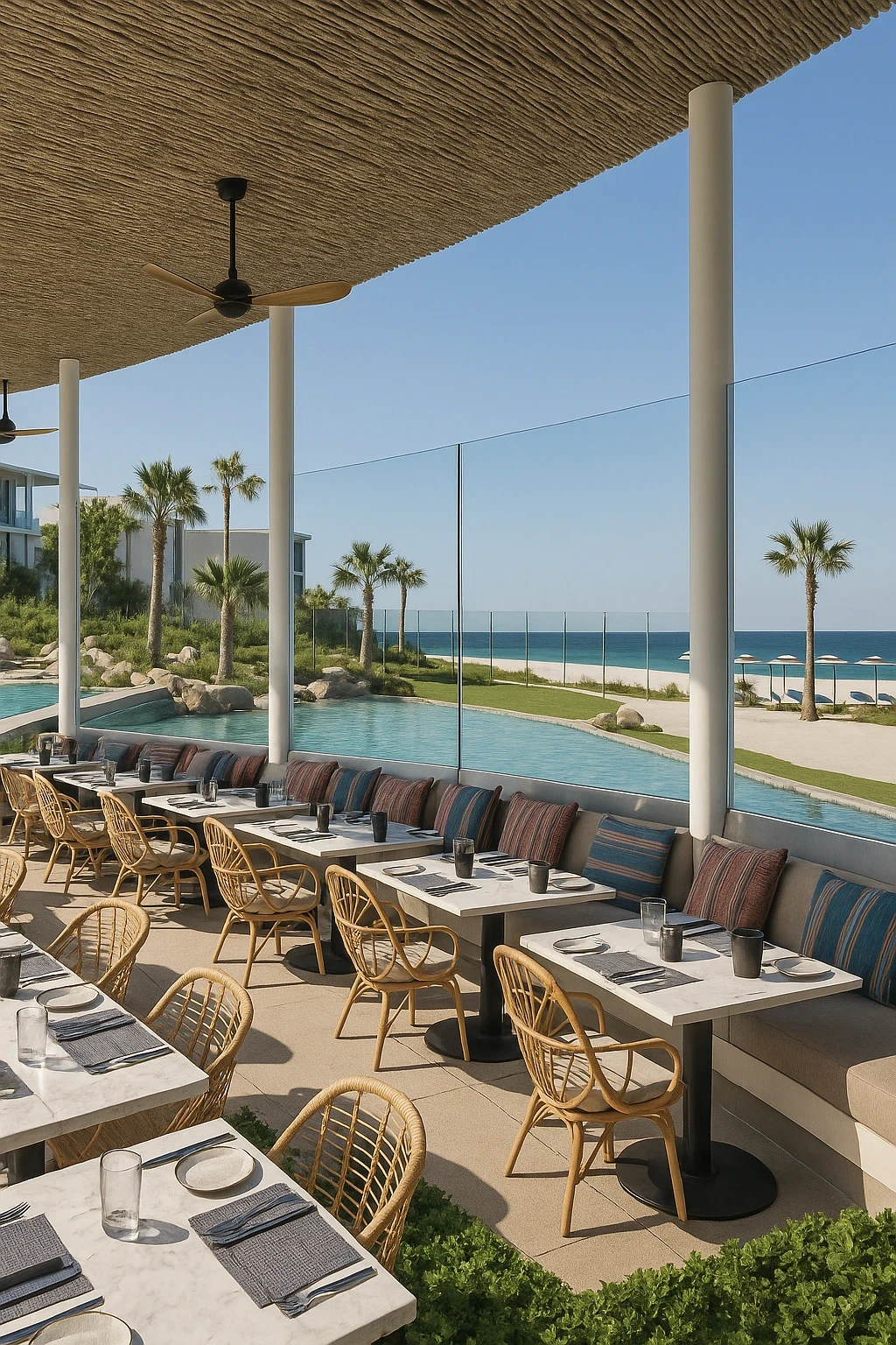 Vista al mar desde Casa de Brasa Four Seasons con cancelería minimalista y ventanas de lujo de gran formato