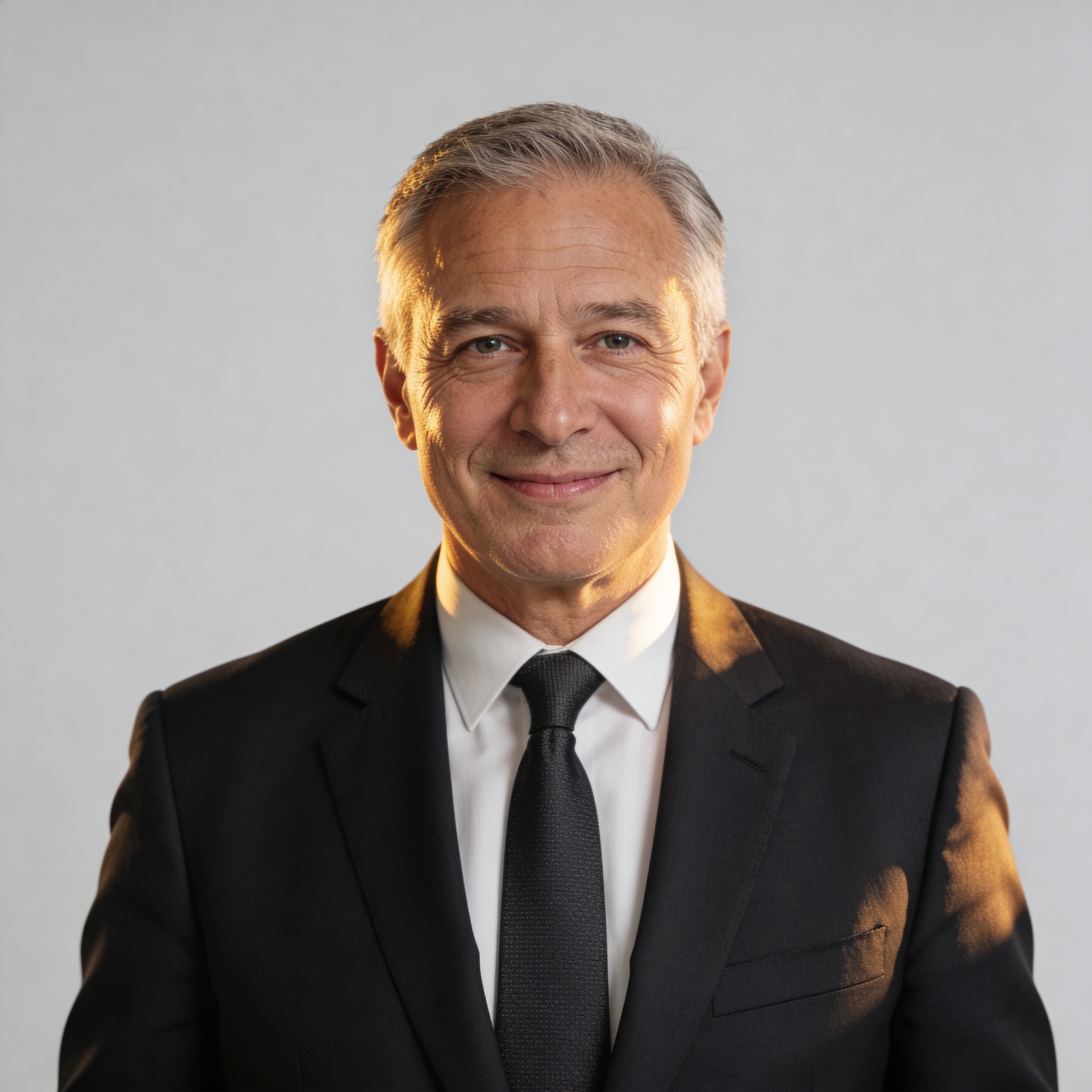 Professional middle-aged man in a black suit and tie, smiling confidently with soft warm side lighting