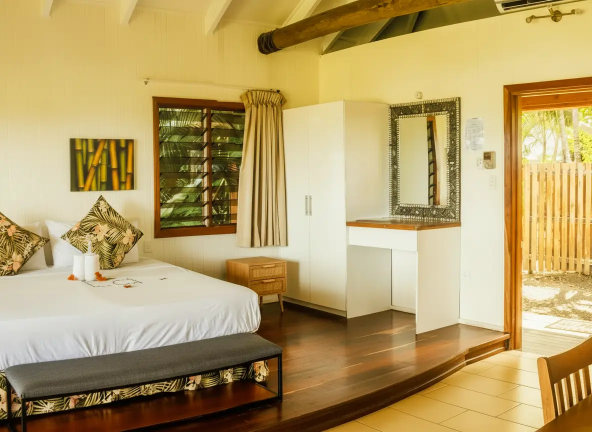 Uprising Beach Resort's vibrant beachfront bar with live music, string lights, and guests enjoying the sunset.