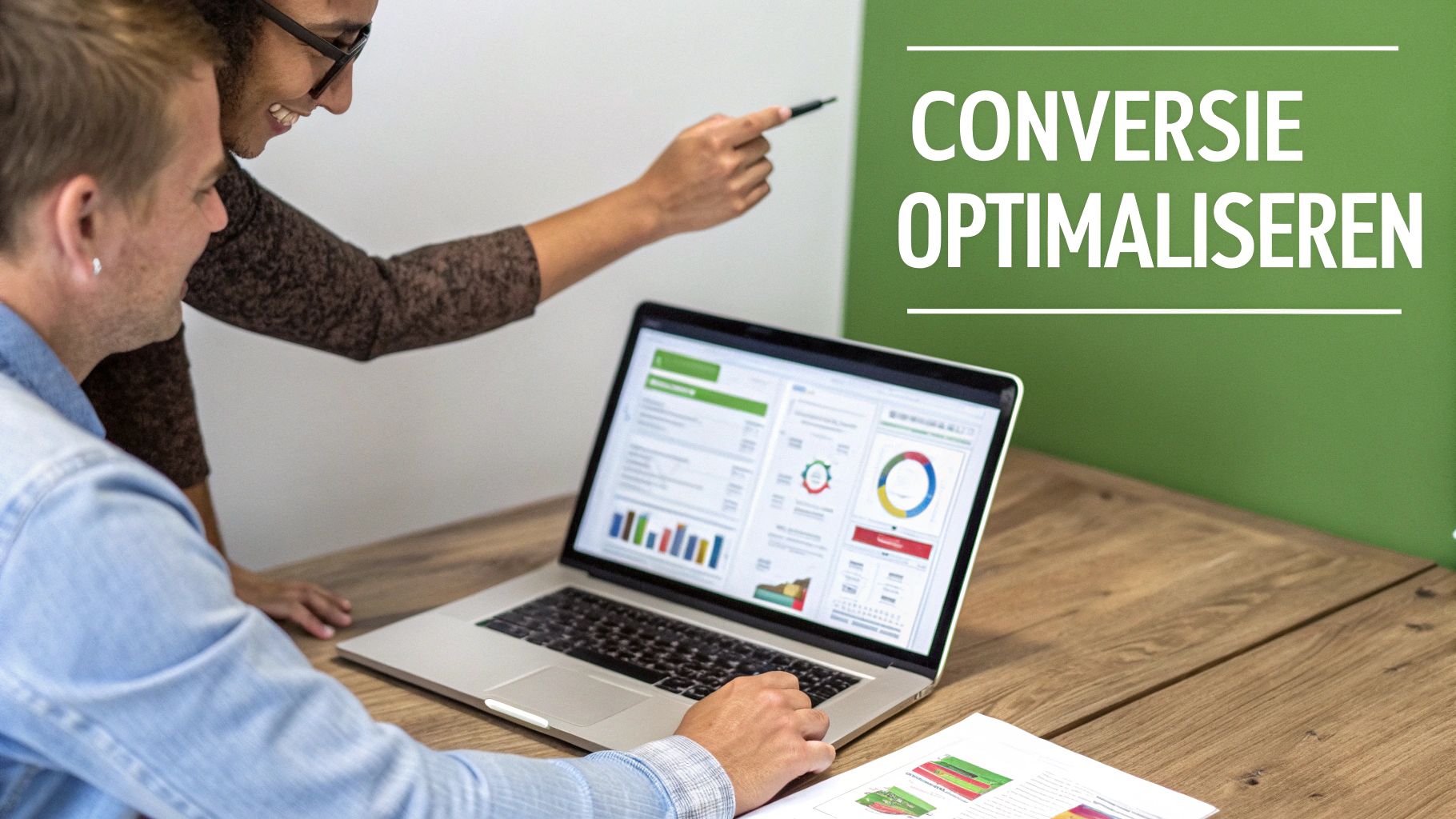 Twee mensen analyseren conversiegegevens op een laptop, gericht op optimalisatie en groei van een webshop.
