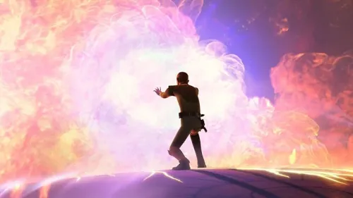 Kanan Jarrus facing a giant explosion of orange, purple, and red fire