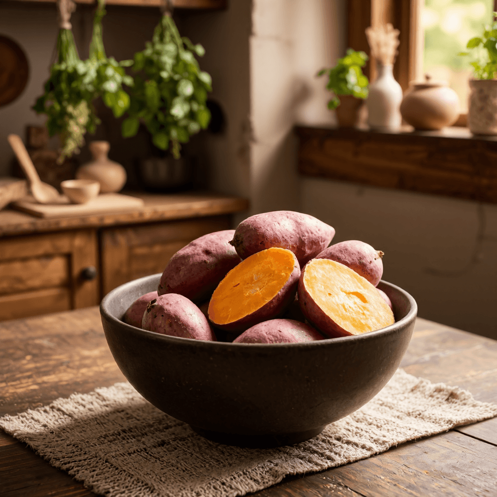 product photography of a bowl of sweet potatoes, typically used for cooking or baking