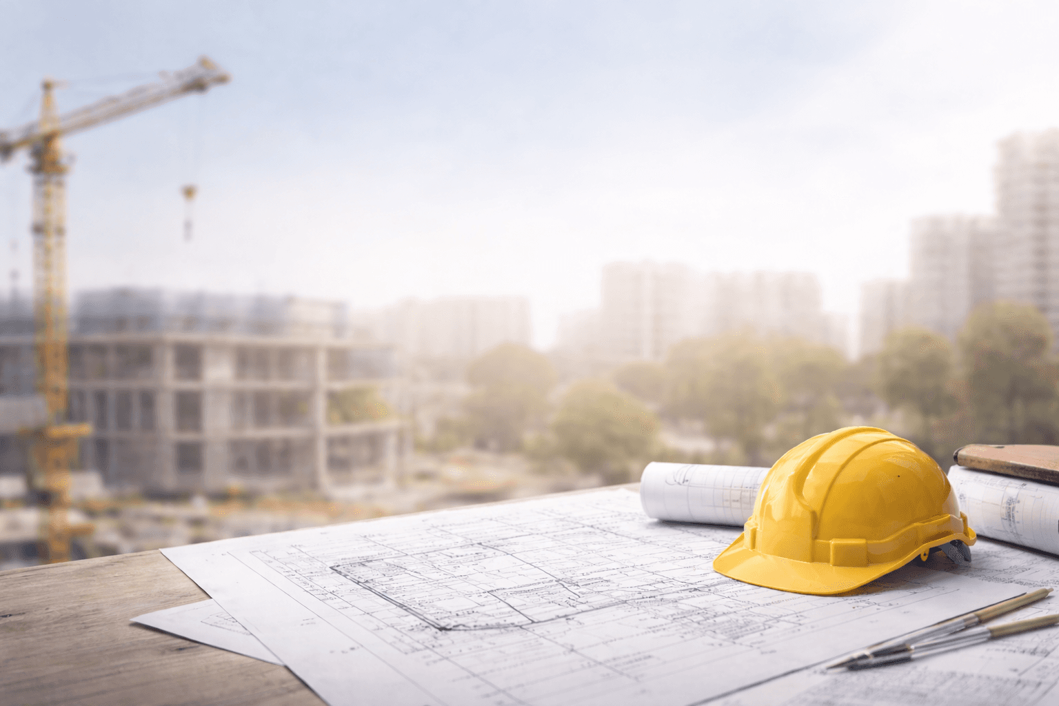 Baupläne und Schutzhelm auf Tisch vor Rohbau – Projektmanagement Bau und Immobilien