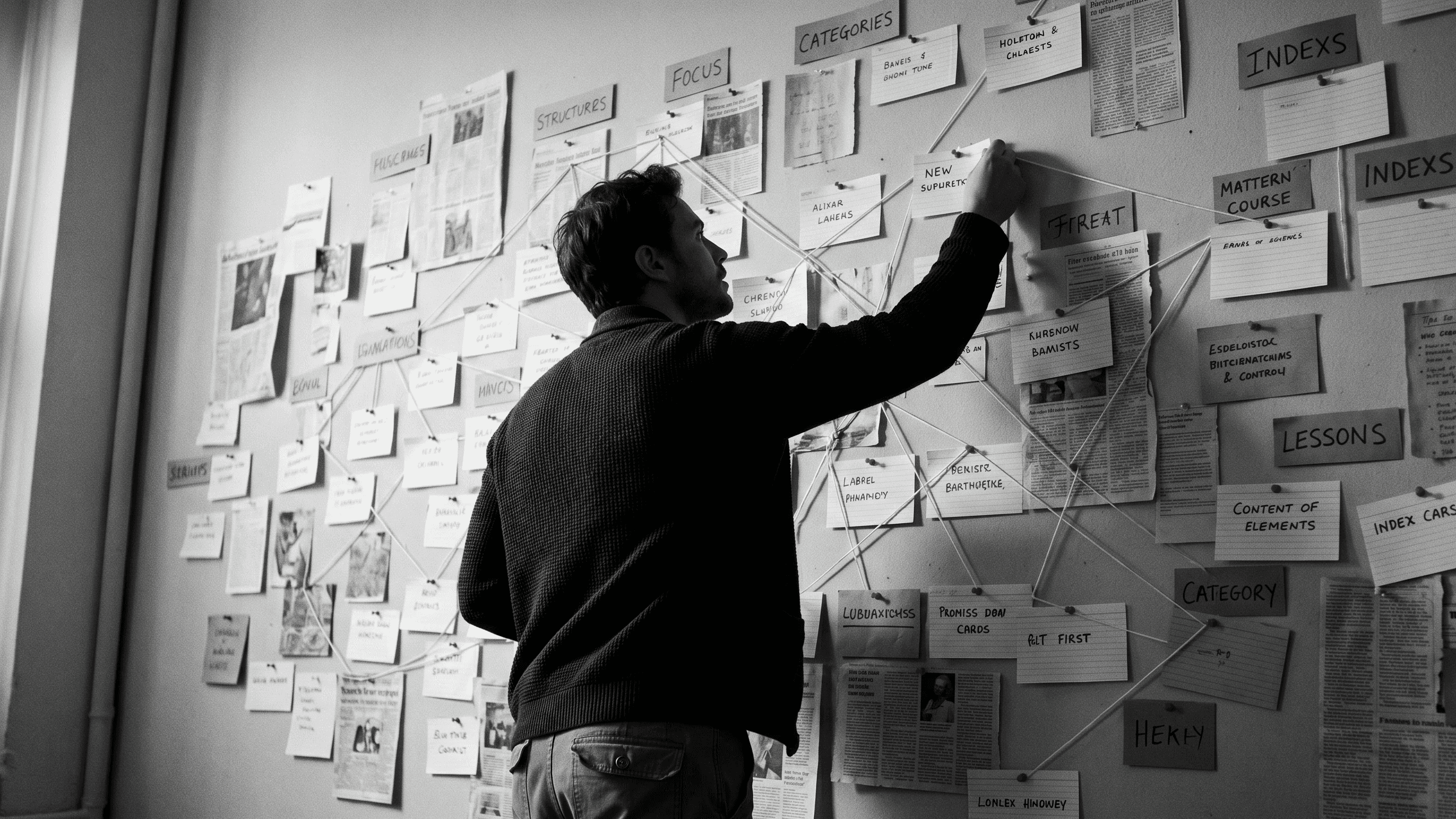 Person organizing labeled index cards on a wall connected by string with red pushpins